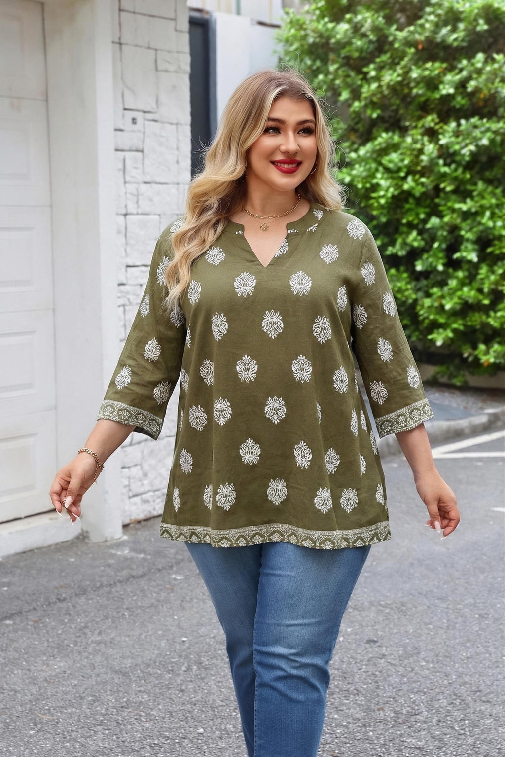 Plus Size Tops 3/4 Sleeve Boho Blouses Dressy Casual V Neck Tunic Loose Fit Floral Peasant Shirts