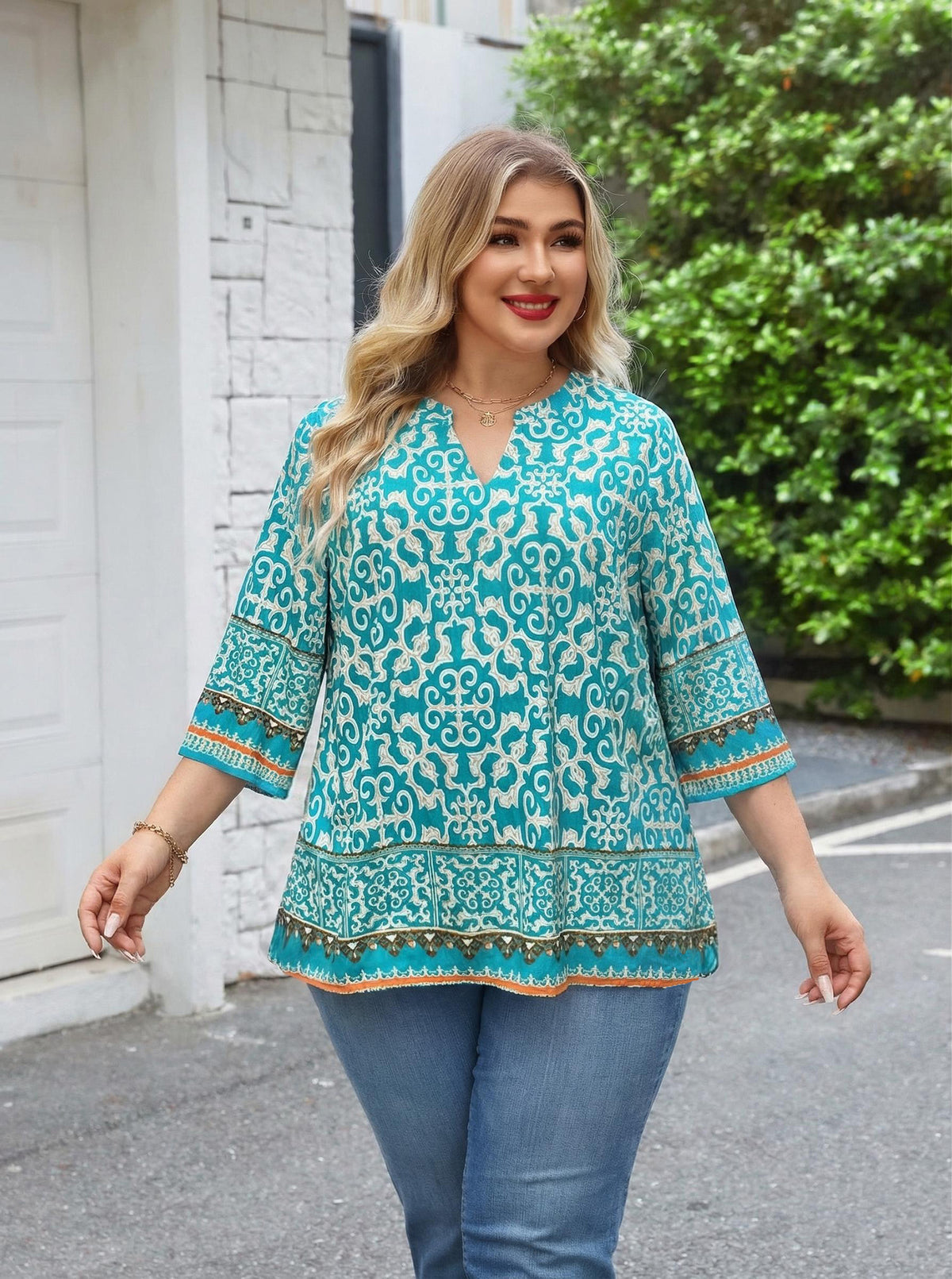 Plus Size Tops 3/4 Sleeve Boho Blouses Dressy Casual V Neck Tunic Loose Fit Floral Peasant Shirts