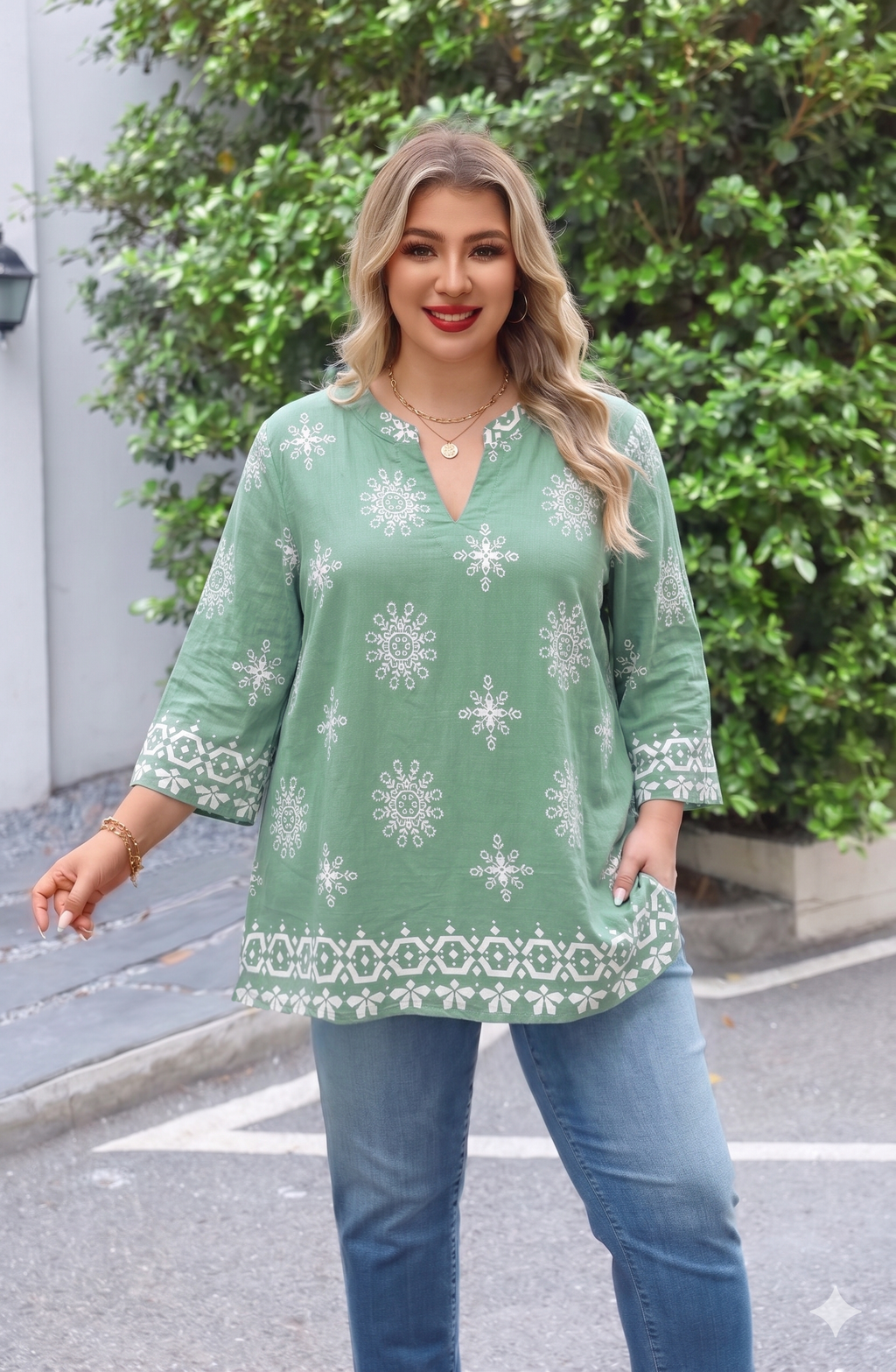 Plus Size Tops 3/4 Sleeve Boho Blouses Dressy Casual V Neck Tunic Loose Fit Floral Peasant Shirts