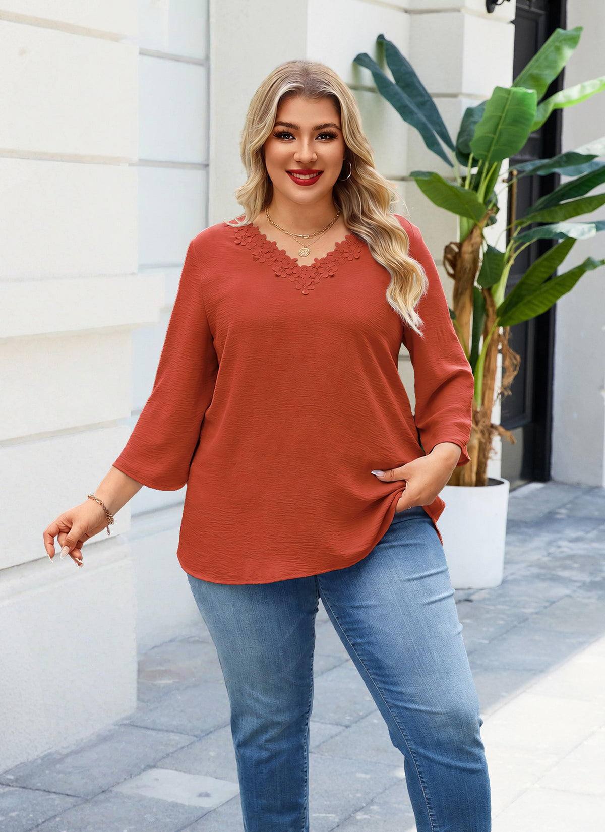 Womens Plus Size Blouses Dressy Casual 3/4 Sleeve Elegant V Neck Floral Trim Ladies Tunics Tops
