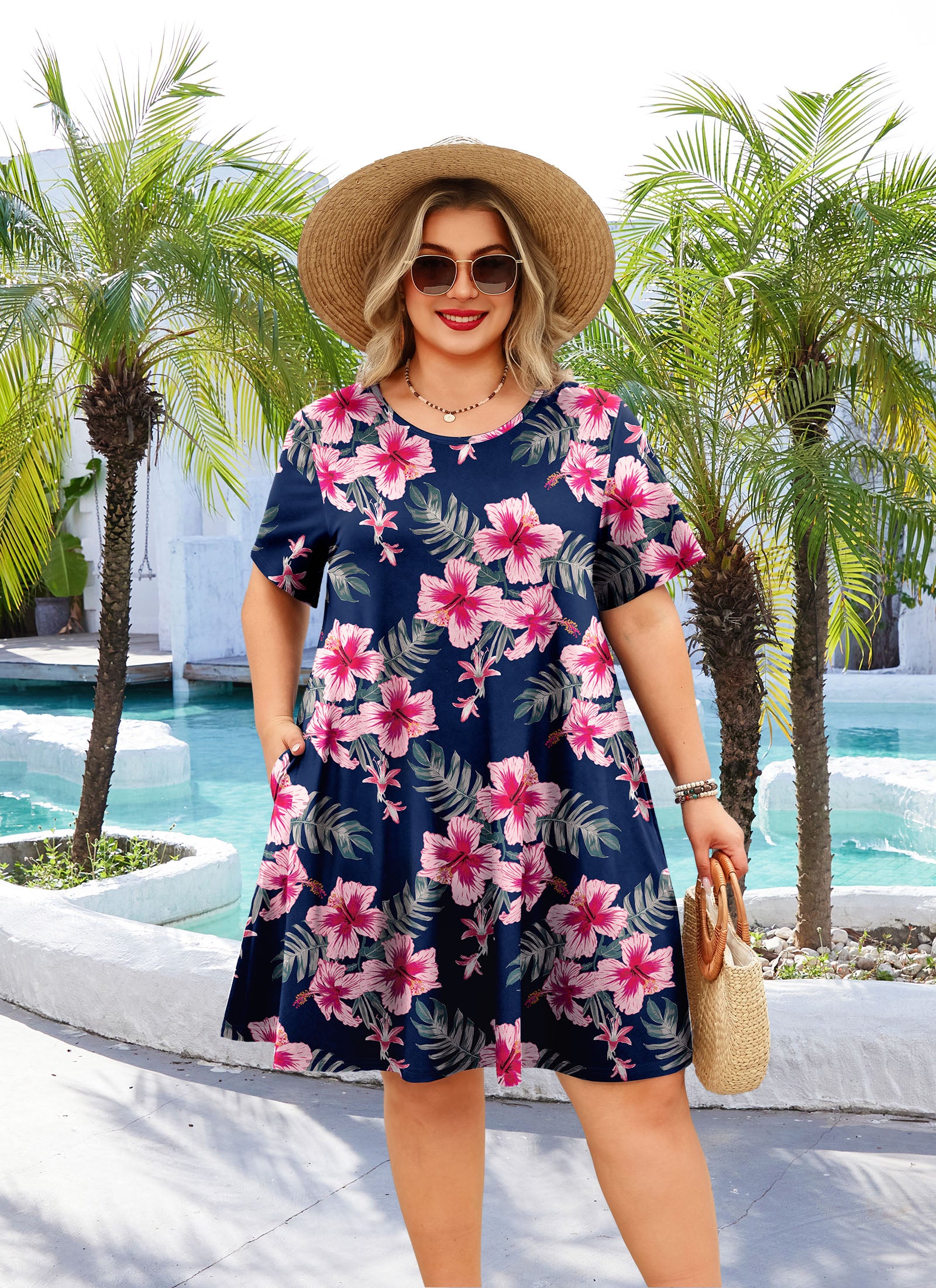 Women's Casual T-Shirt Dress Plus Size Summer Short Sleeve Crewneck Swing Dresses Beach Vacation