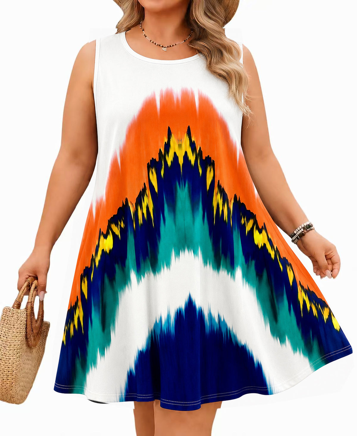 Women's Colorblock Sleeveless Tank Dress with Pockets – Casual Loose Fit, Plus Size, White Orange Teal