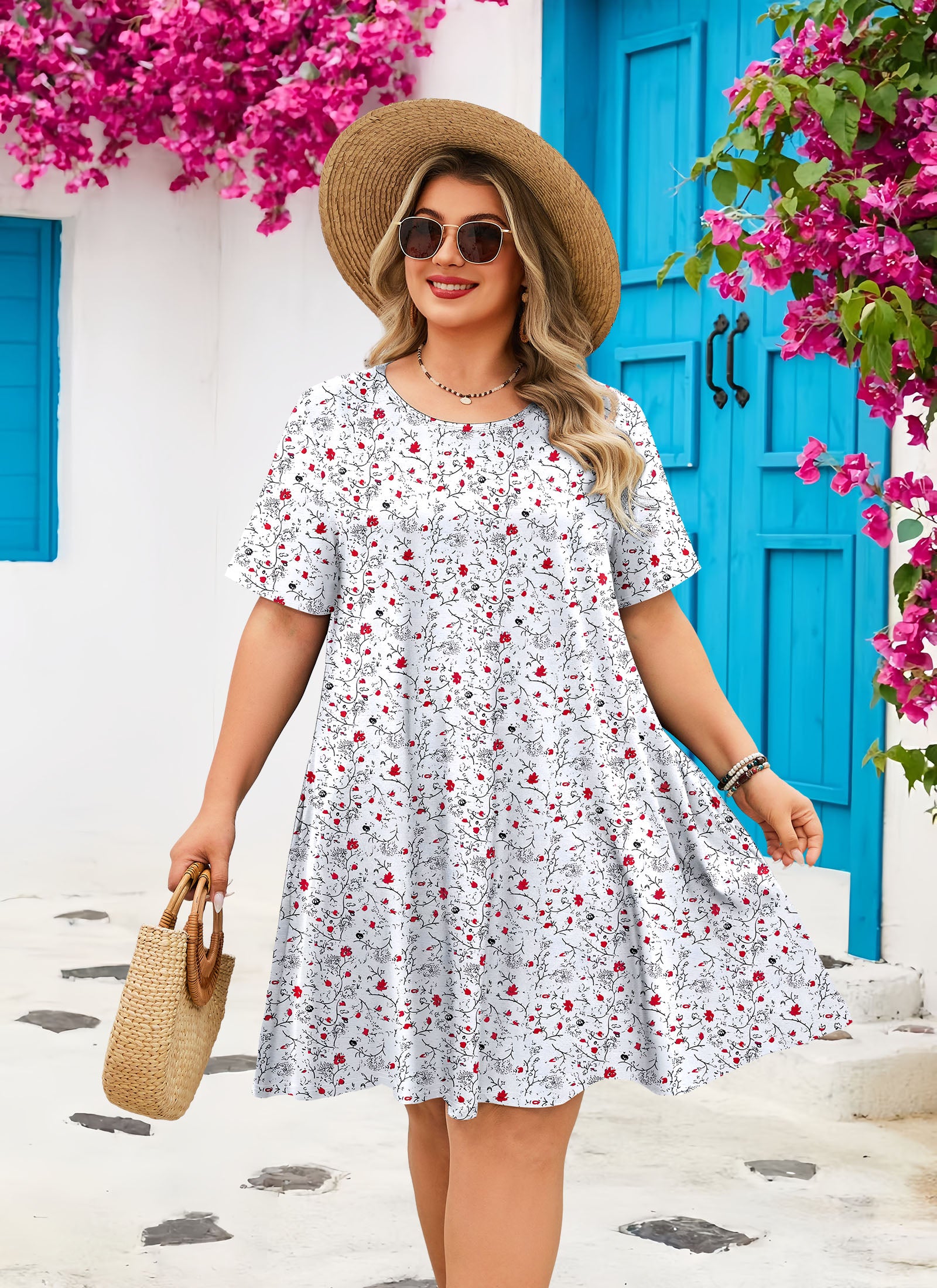 Women's Casual T-Shirt Dress Plus Size Summer Short Sleeve Crewneck Swing Dresses Beach Vacation
