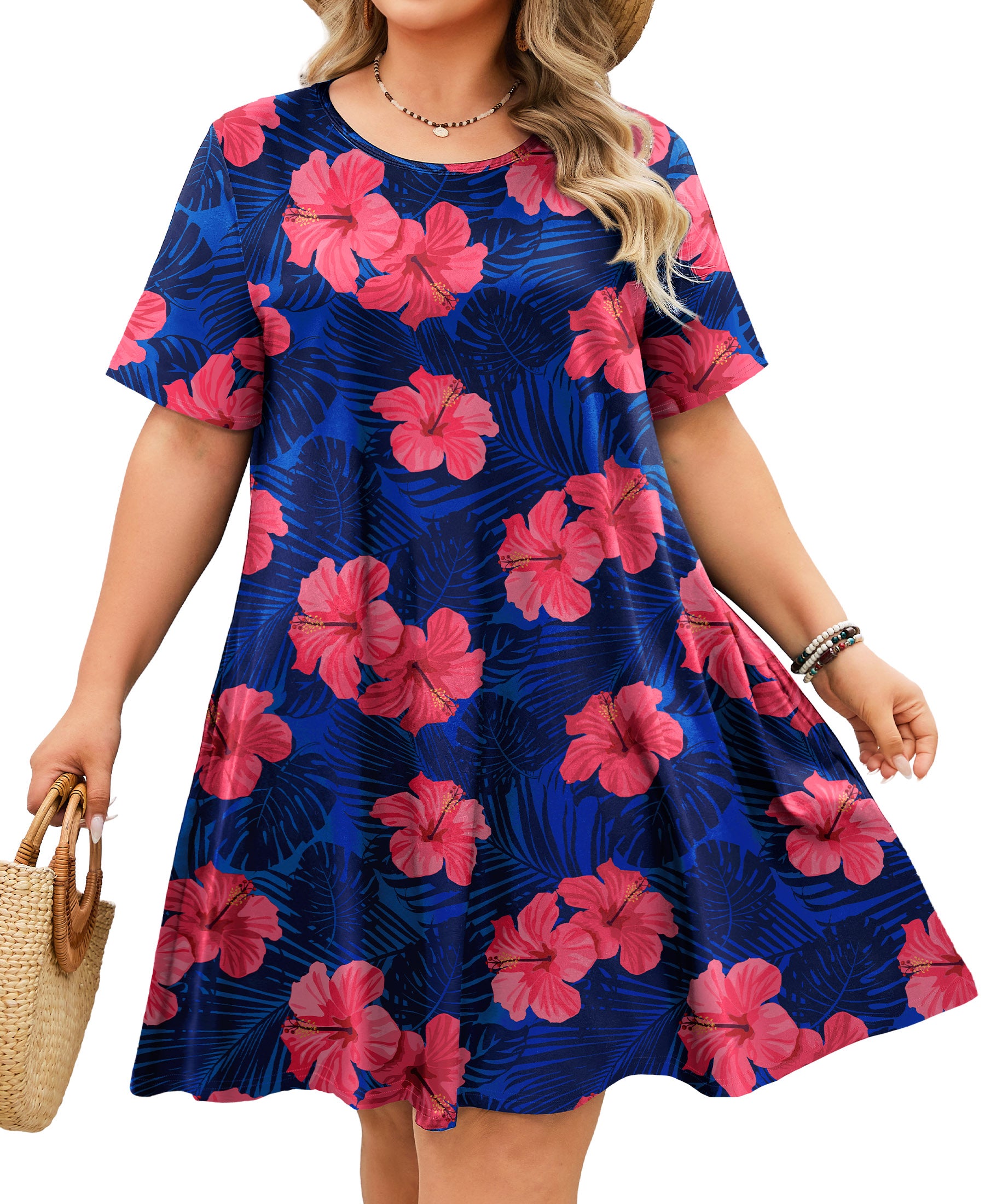 Women's Casual T-Shirt Dress Plus Size Summer Short Sleeve Crewneck Swing Dresses Beach Vacation