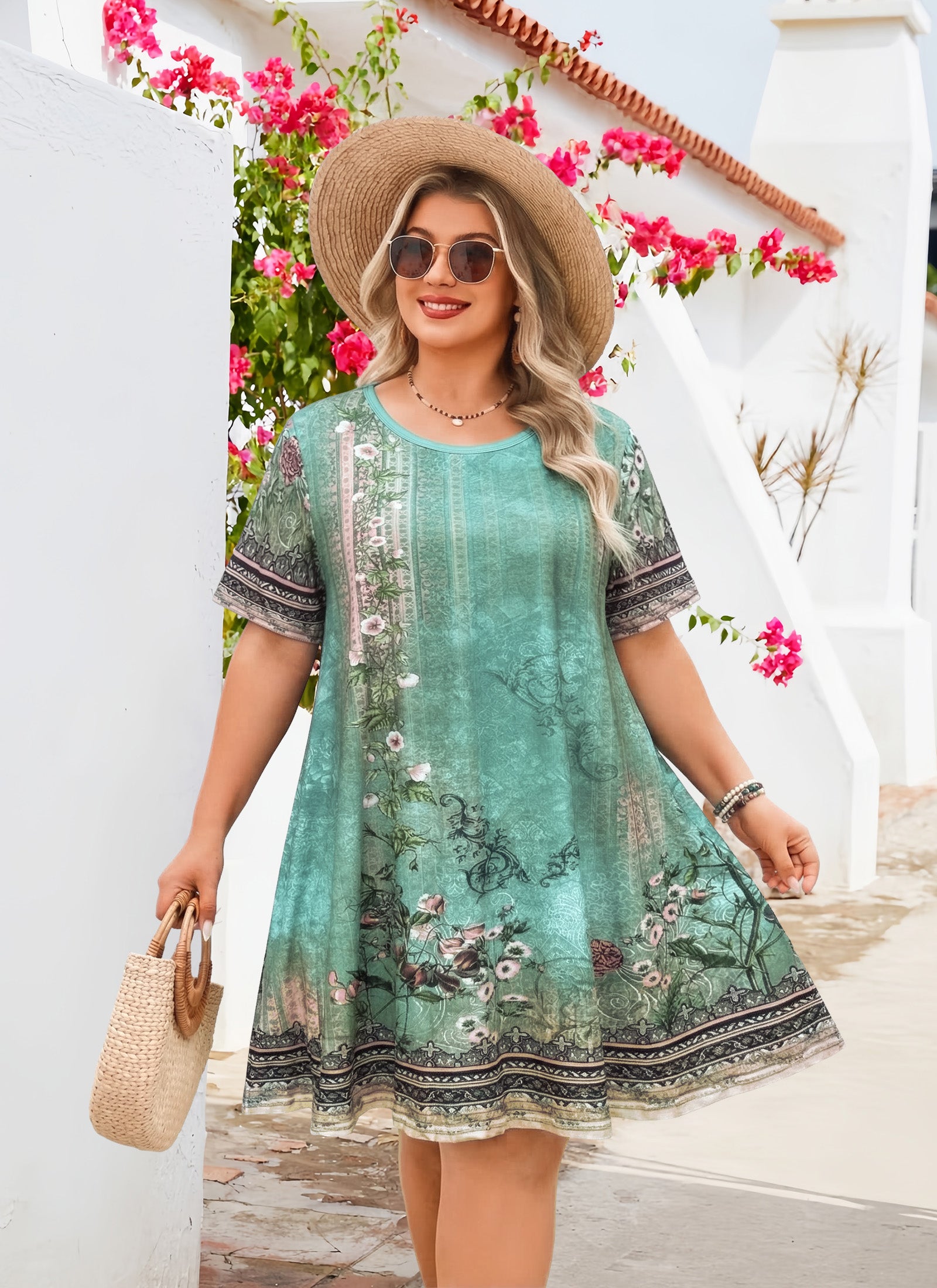 Women's Casual T-Shirt Dress Plus Size Summer Short Sleeve Crewneck Swing Dresses Beach Vacation