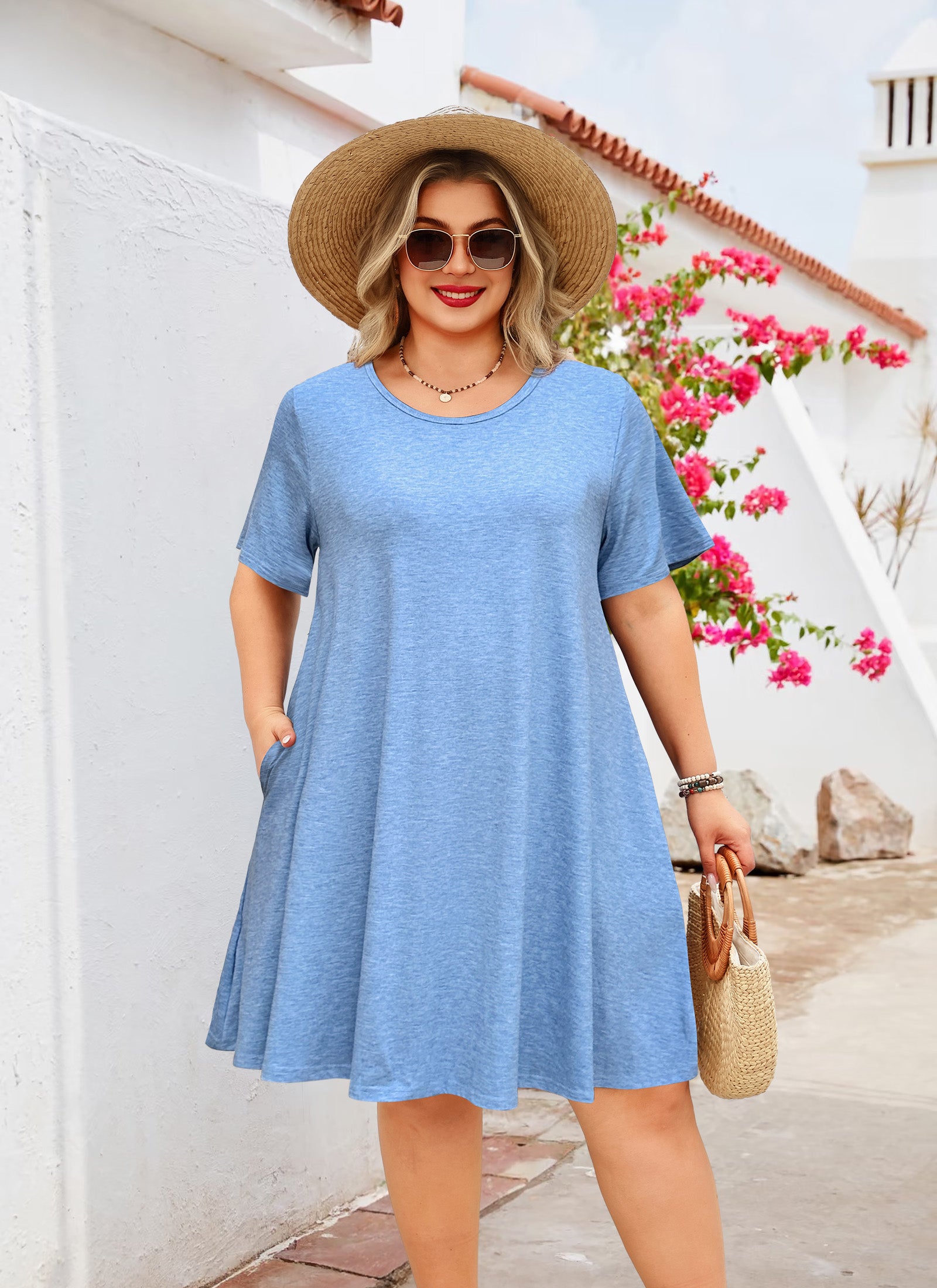 Women's Casual T-Shirt Dress Plus Size Summer Short Sleeve Crewneck Swing Dresses Beach Vacation