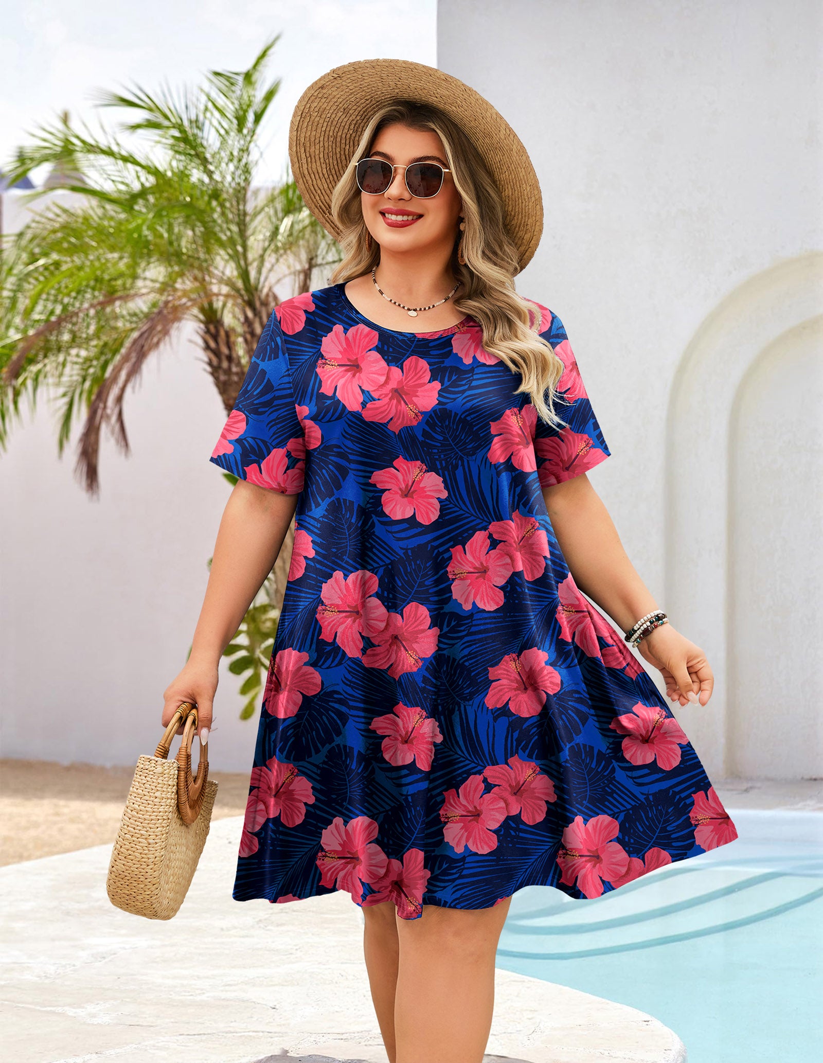 Women's Casual T-Shirt Dress Plus Size Summer Short Sleeve Crewneck Swing Dresses Beach Vacation