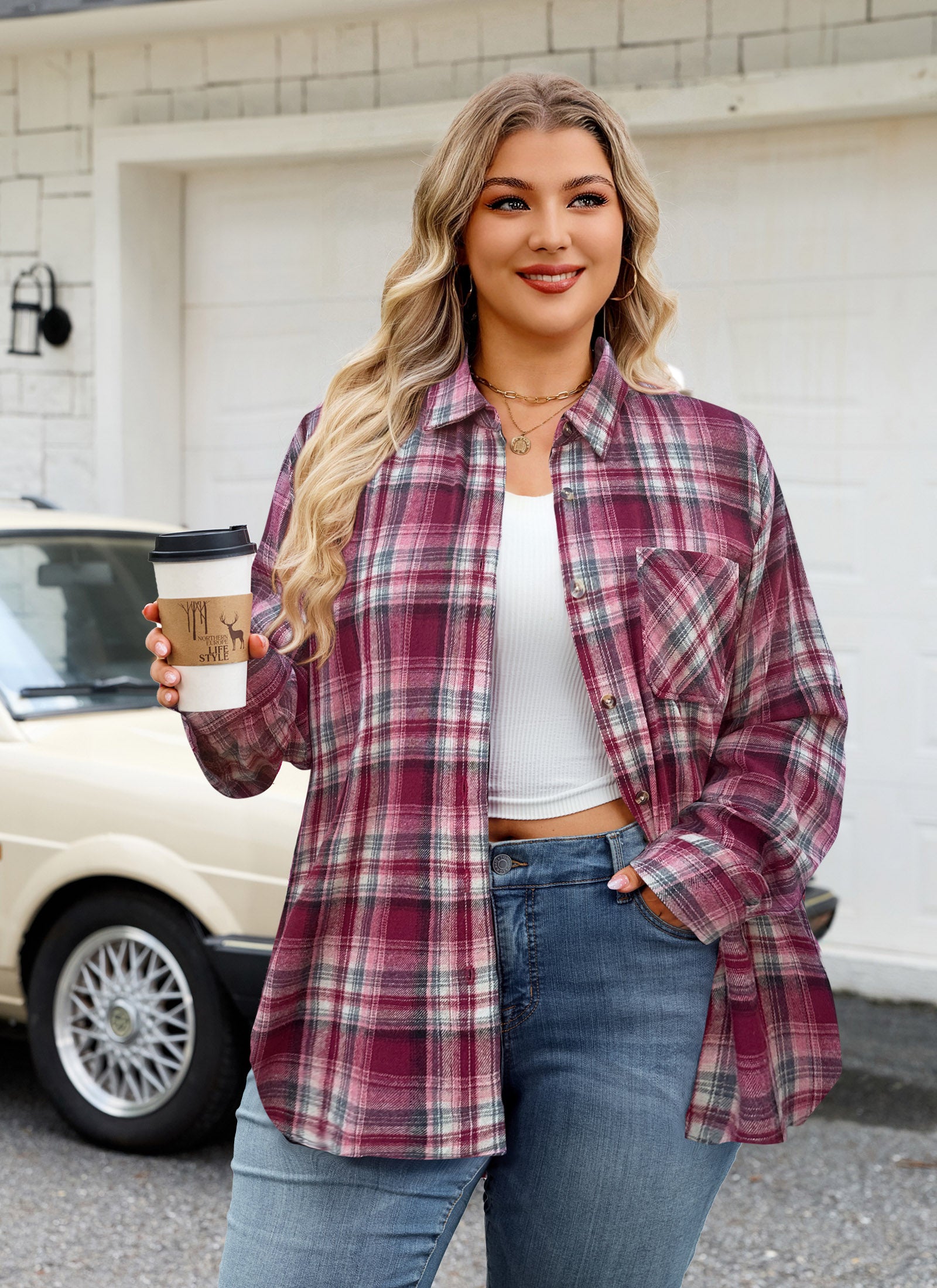 Womens Plus Size Flannel Shirts Long Sleeve Button Down Plaid Shirt Roll Up Oversize Checkered Blouse Top Fall
