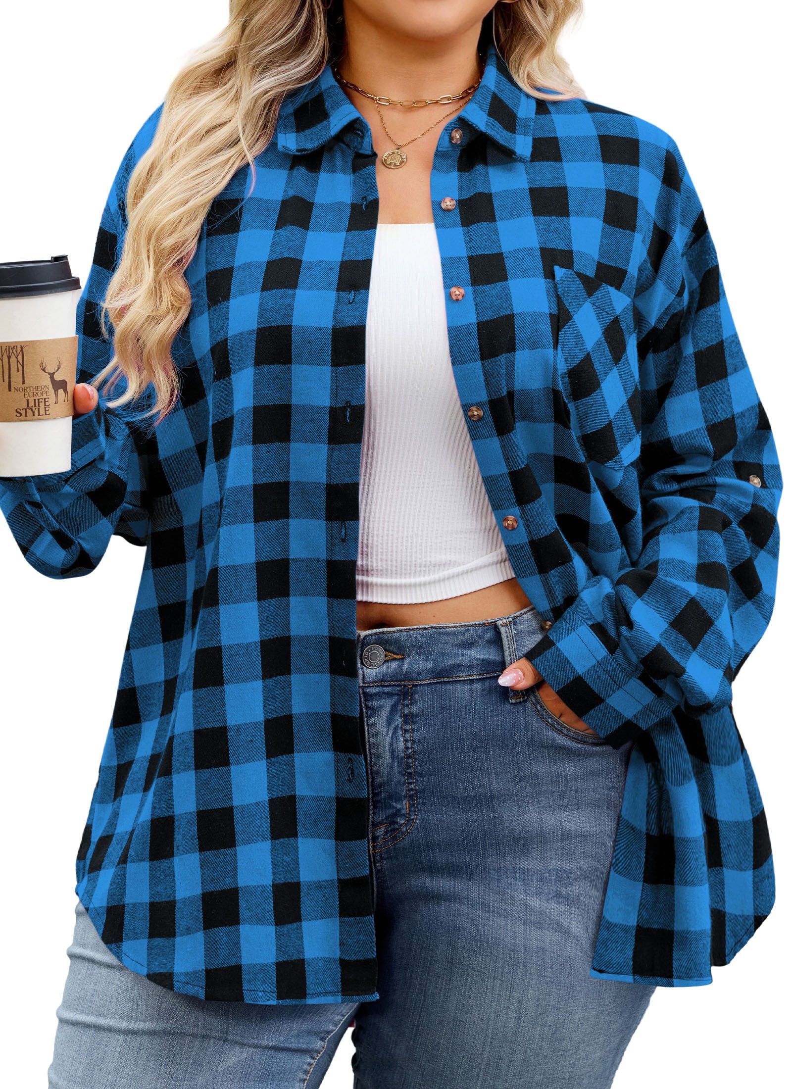 Womens Plus Size Flannel Shirts Long Sleeve Button Down Plaid Shirt Roll Up Oversize Checkered Blouse Top Fall
