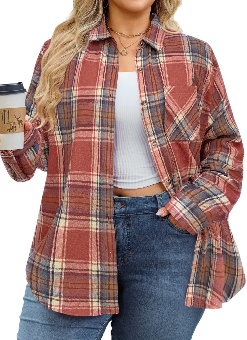 Womens Plus Size Flannel Shirts Long Sleeve Button Down Plaid Shirt Roll Up Oversize Checkered Blouse Top Fall