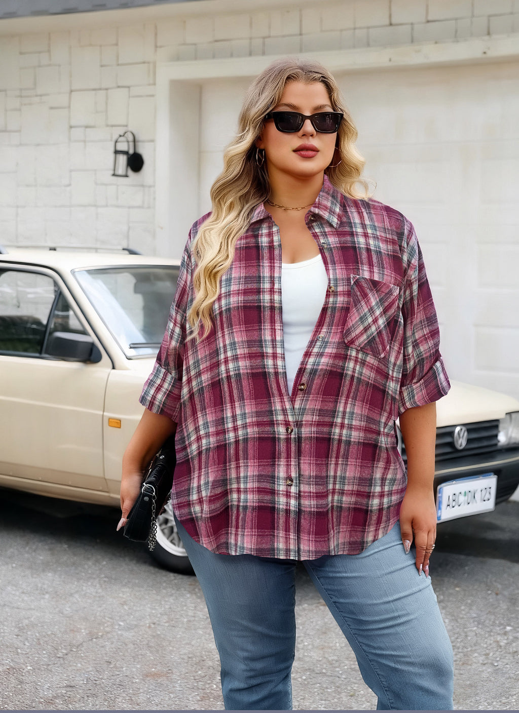 Womens Plus Size Flannel Shirts Long Sleeve Button Down Plaid Shirt Roll Up Oversize Checkered Blouse Top Fall