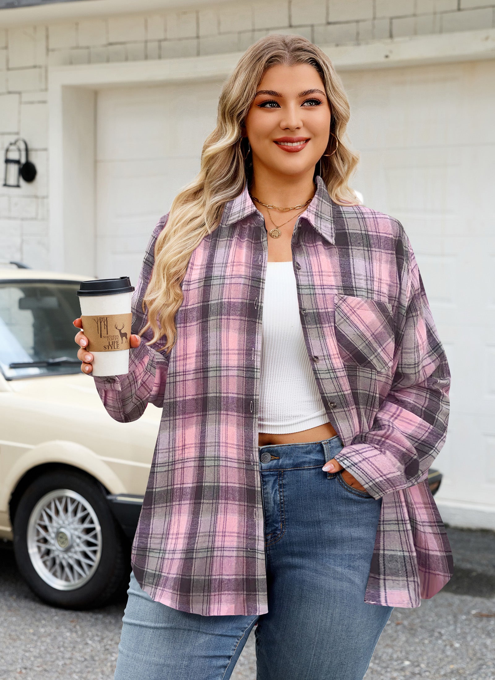 Womens Plus Size Flannel Shirts Long Sleeve Button Down Plaid Shirt Roll Up Oversize Checkered Blouse Top Fall