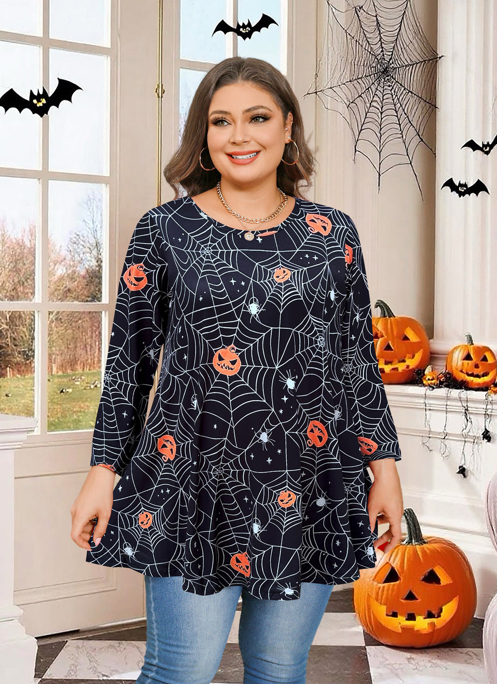 Womens Tunic 3/4 Sleeve Plus Size Tops Crew Neck Swing Flowy Loose Fit T-Shirt Blouses to Wear with Leggings