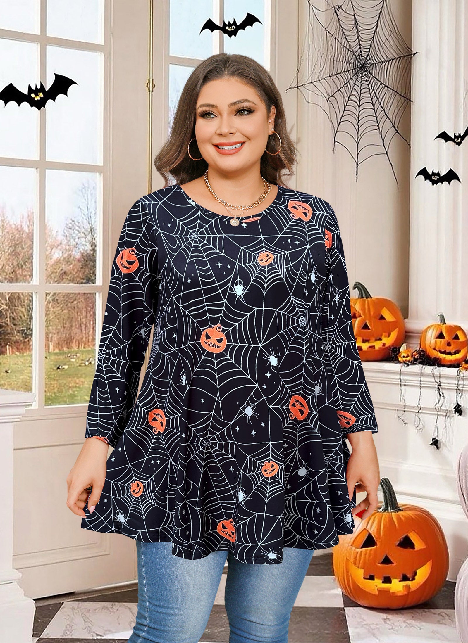 Womens Tunic 3/4 Sleeve Plus Size Tops Crew Neck Swing Flowy Loose Fit T-Shirt Blouses to Wear with Leggings