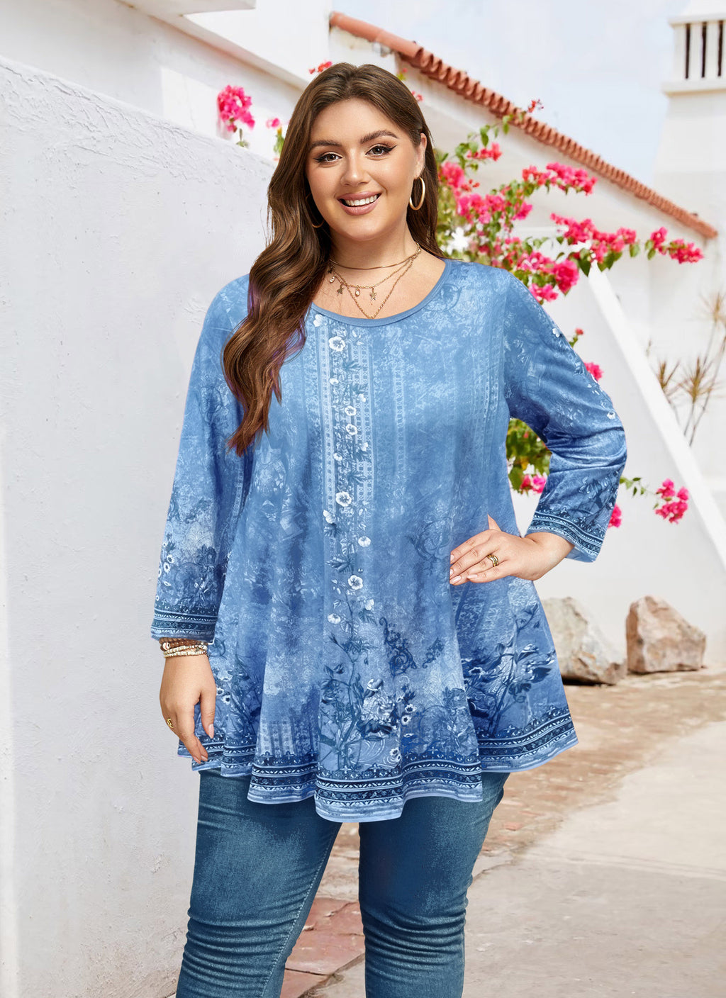 Women's Plus Size Swing Tunic Top | 3/4 Sleeve Flowy Blouse
