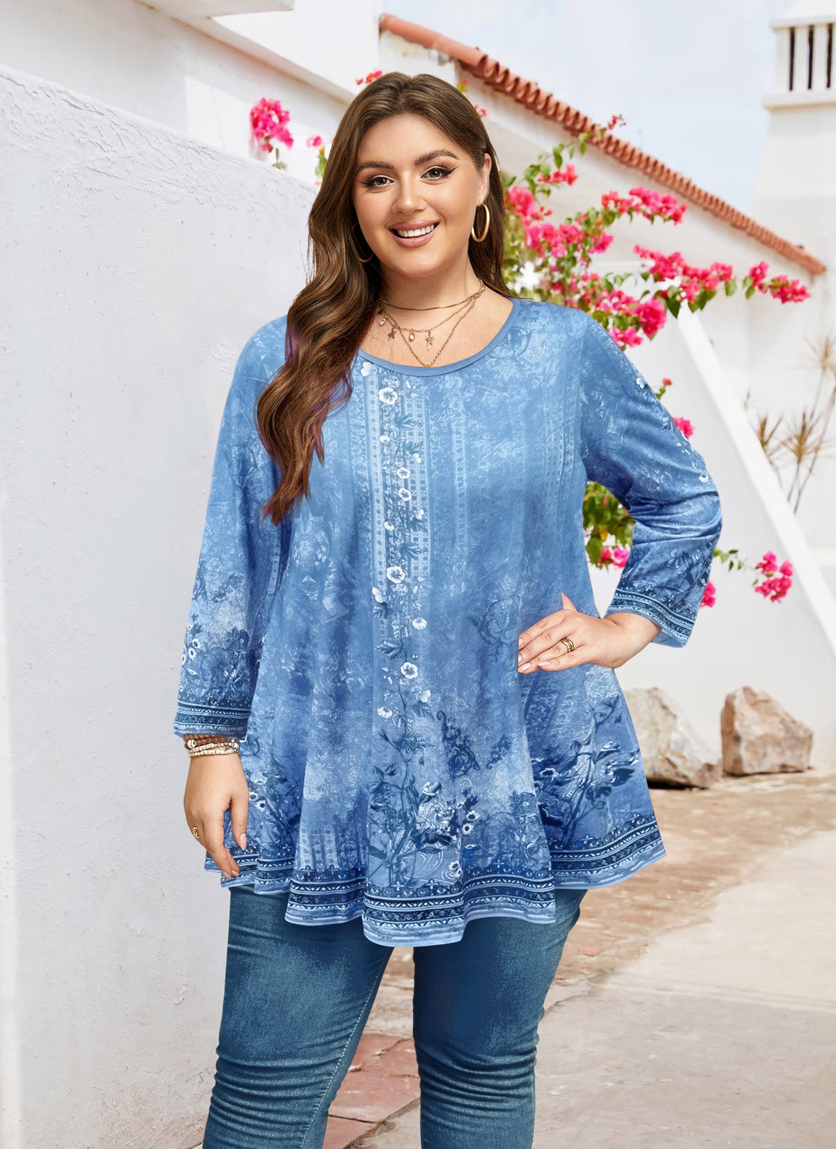 Women's Plus Size Swing Tunic Top | 3/4 Sleeve Flowy Blouse