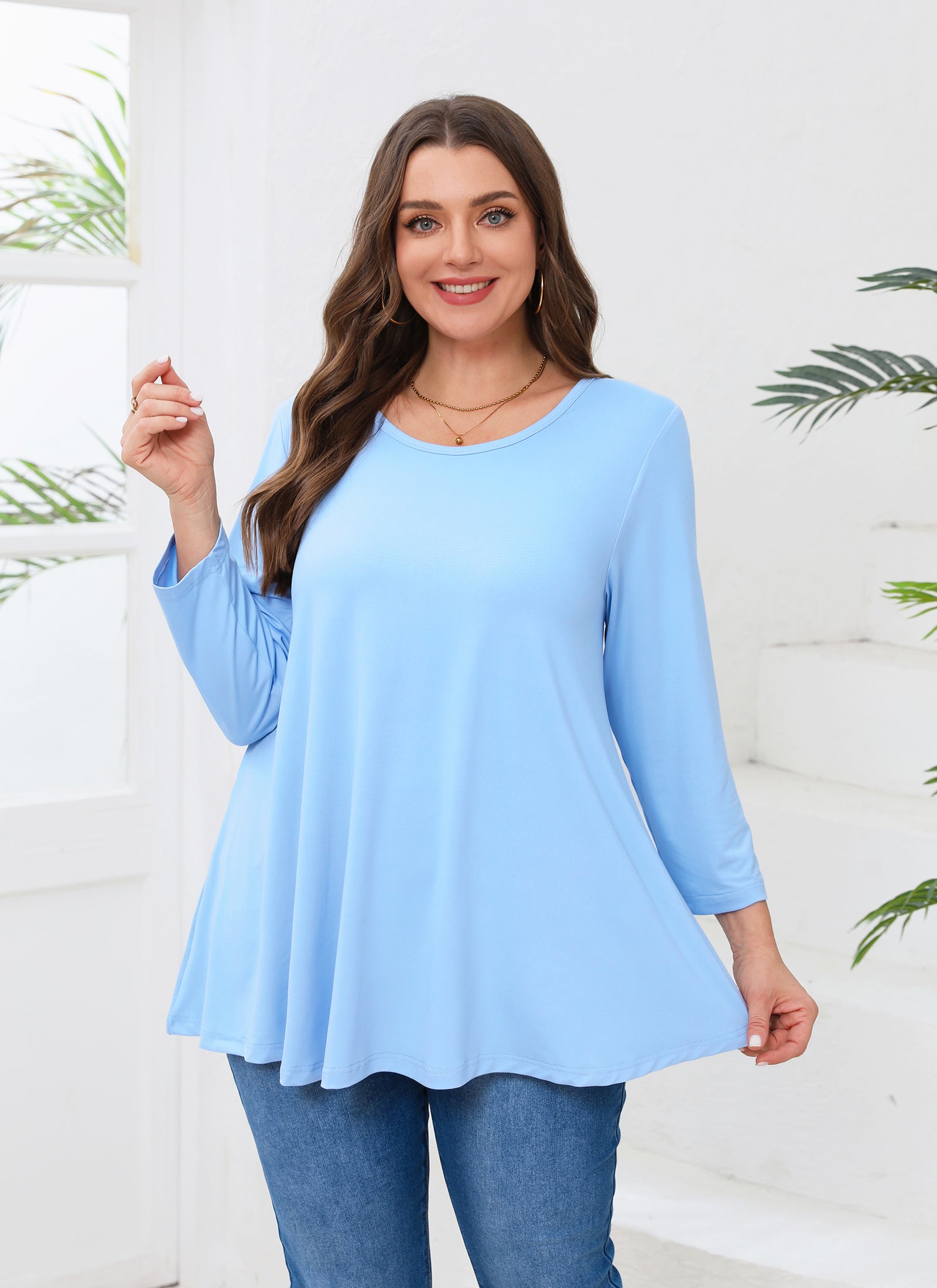 Womens Tunic Tops 3/4 Sleeve Plus Size Crew Neck Swing Flare Loose Fit T-Shirt Blouses to Wear with Leggings