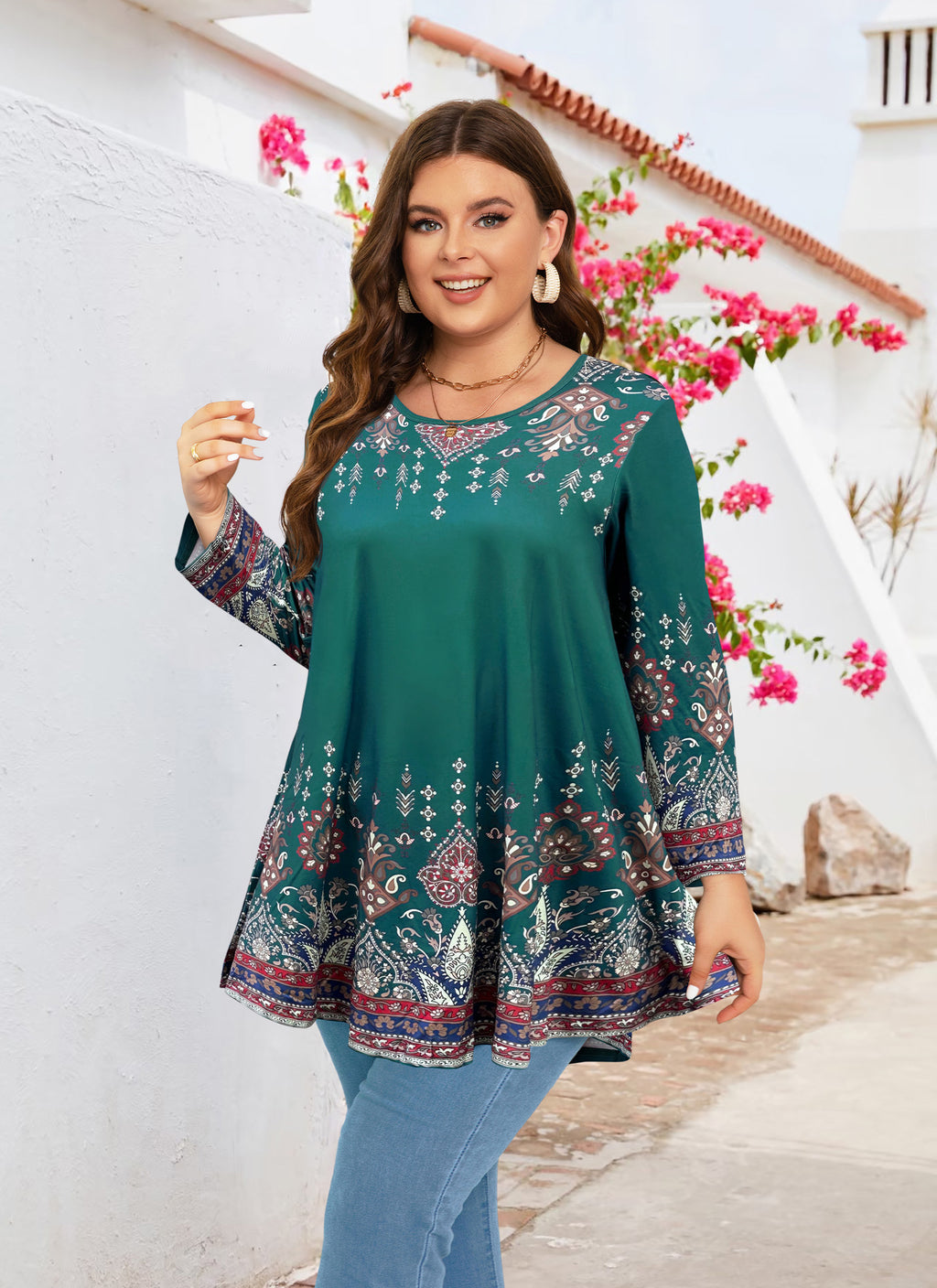 Womens Tunic 3/4 Sleeve Plus Size Tops Crew Neck Swing Flowy Loose Fit T-Shirt Blouses to Wear with Leggings
