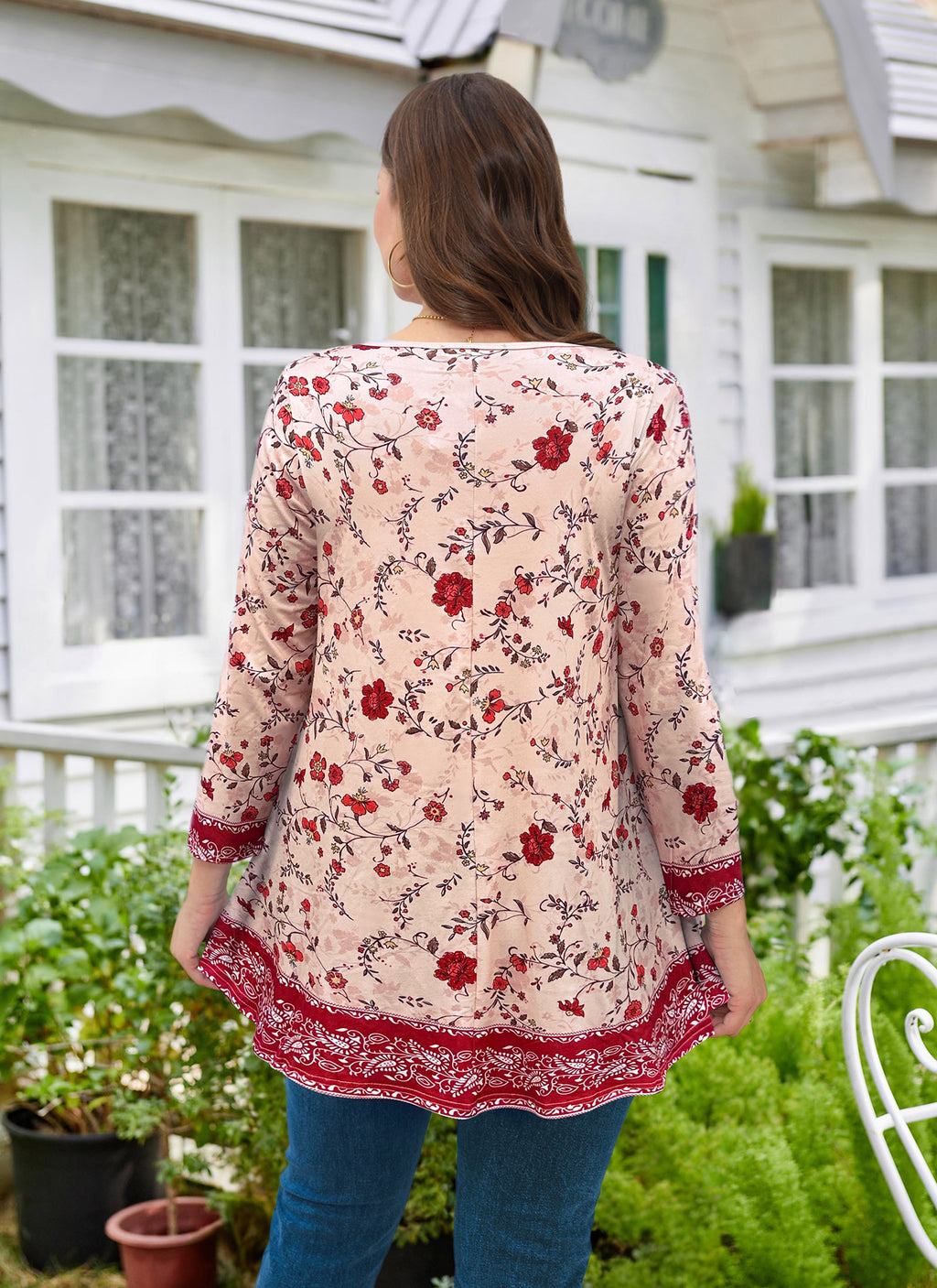 Womens Tunic 3/4 Sleeve Plus Size Tops Crew Neck Swing Flowy Loose Fit T-Shirt Blouses to Wear with Leggings