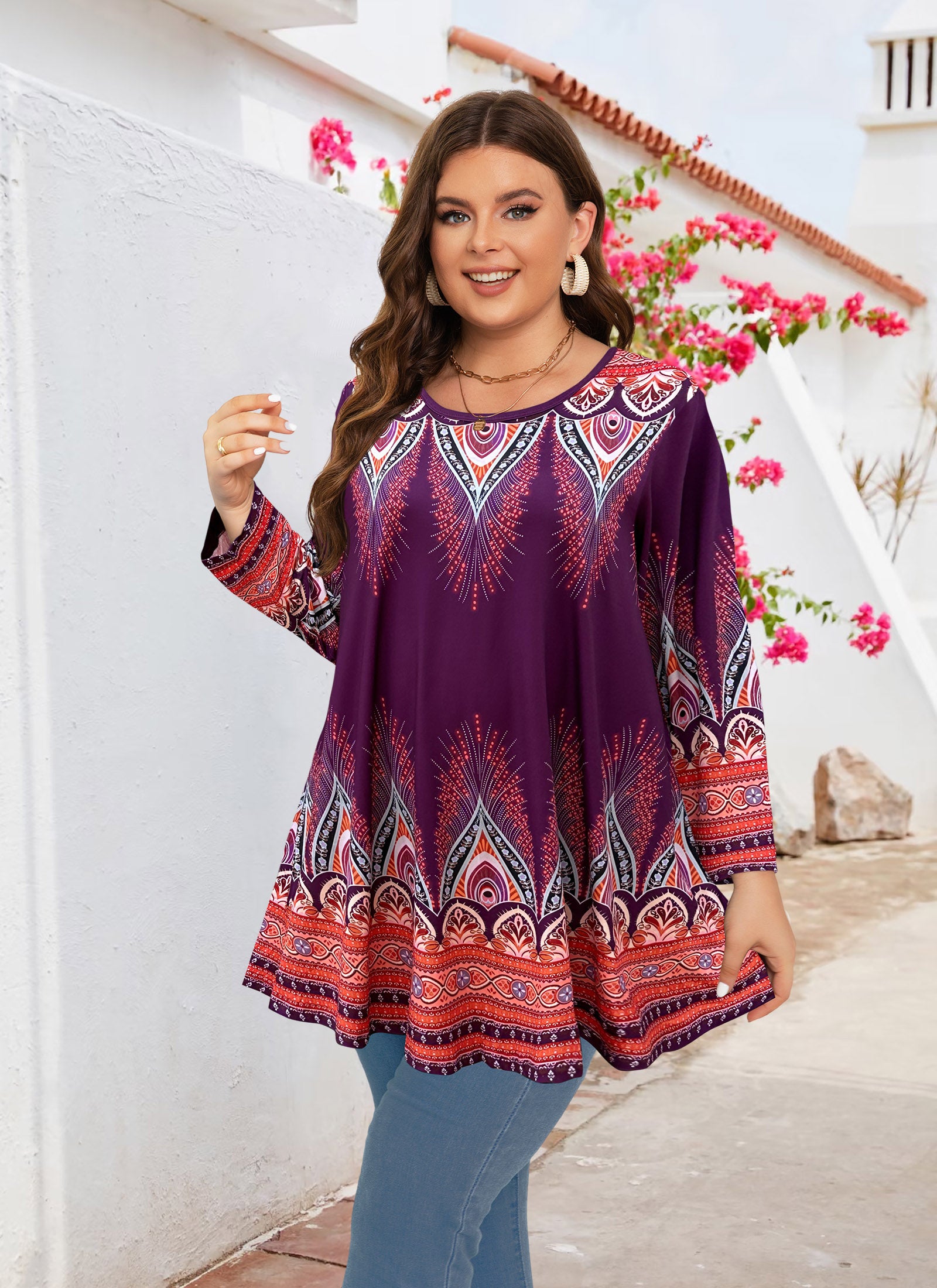 Womens Tunic 3/4 Sleeve Plus Size Tops Crew Neck Swing Flowy Loose Fit T-Shirt Blouses to Wear with Leggings