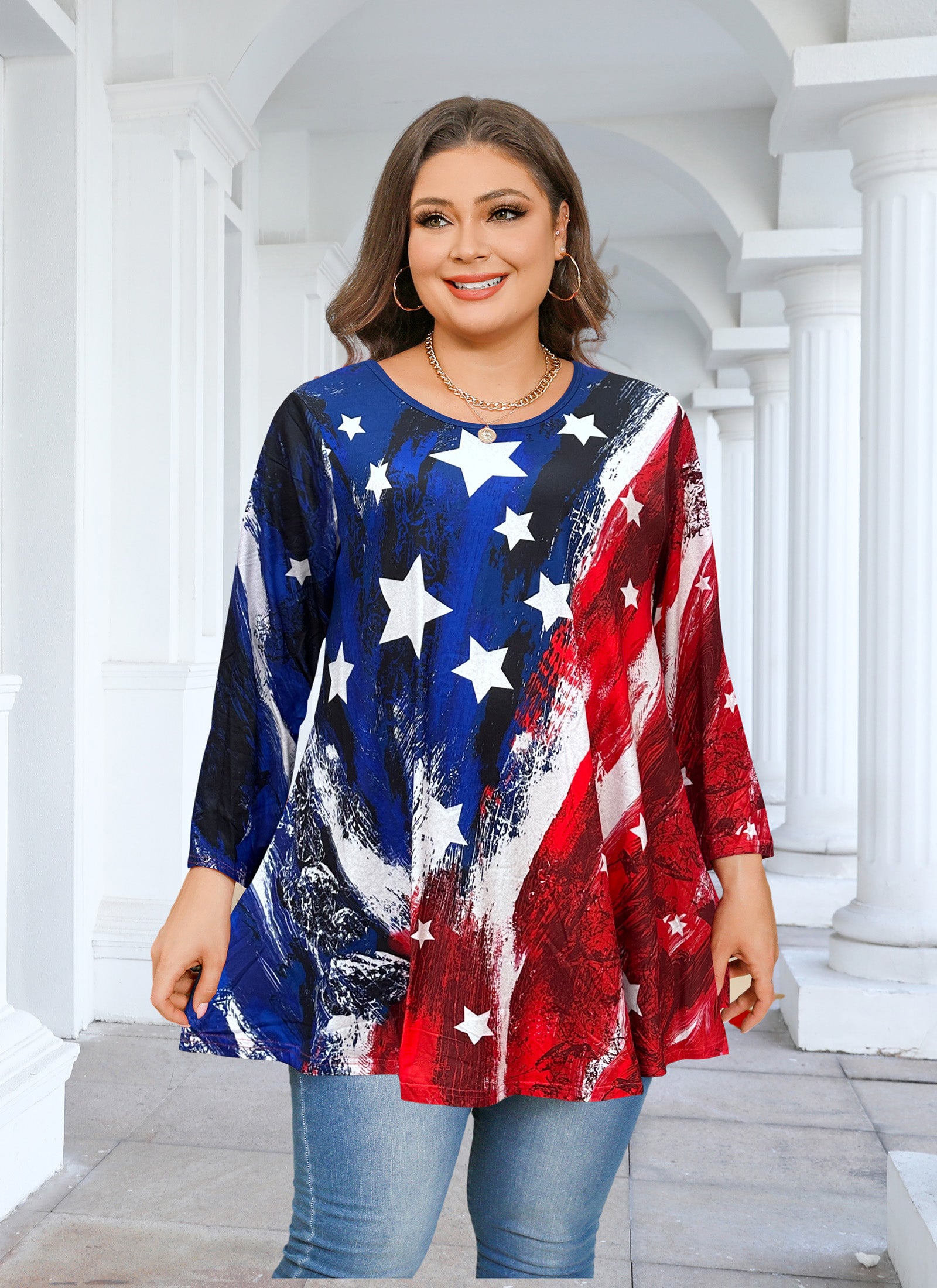 Womens Tunic 3/4 Sleeve Plus Size Tops Crew Neck Swing Flowy Loose Fit T-Shirt Blouses to Wear with Leggings