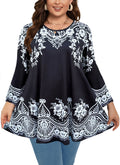 Womens Tunic Tops 3/4 Sleeve Plus Size Crew Neck Swing Flare Loose Fit T-Shirt Blouses to Wear with Leggings