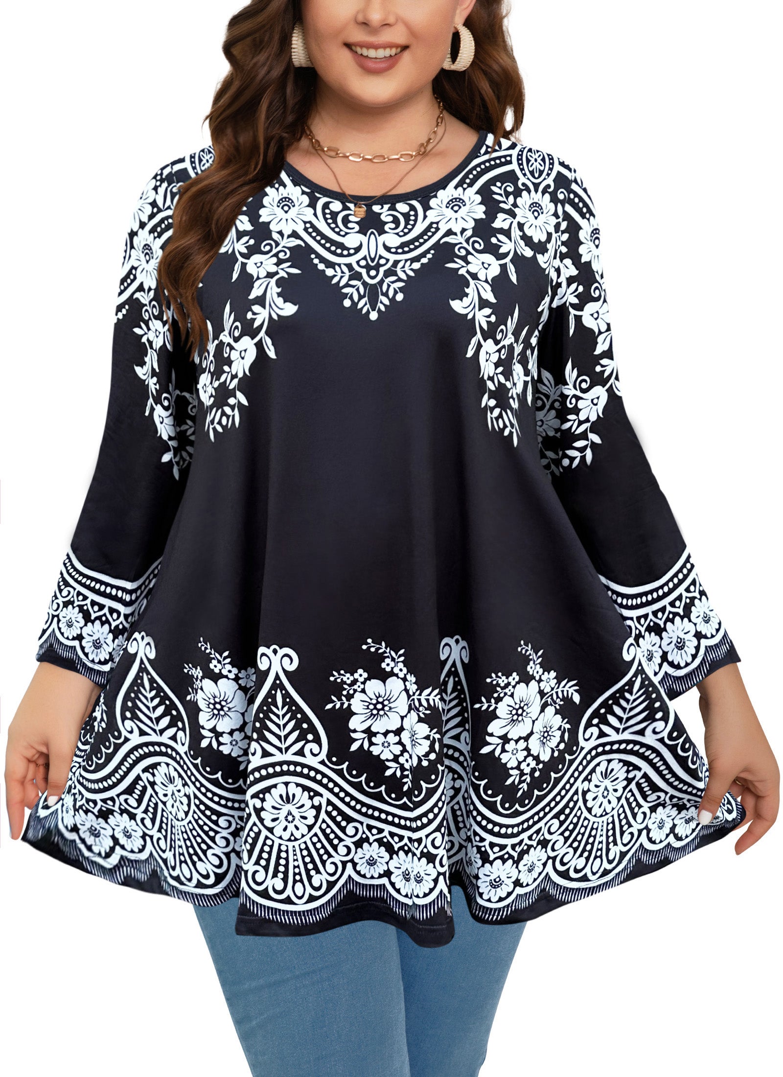 Womens Tunic Tops 3/4 Sleeve Plus Size Crew Neck Swing Flare Loose Fit T-Shirt Blouses to Wear with Leggings