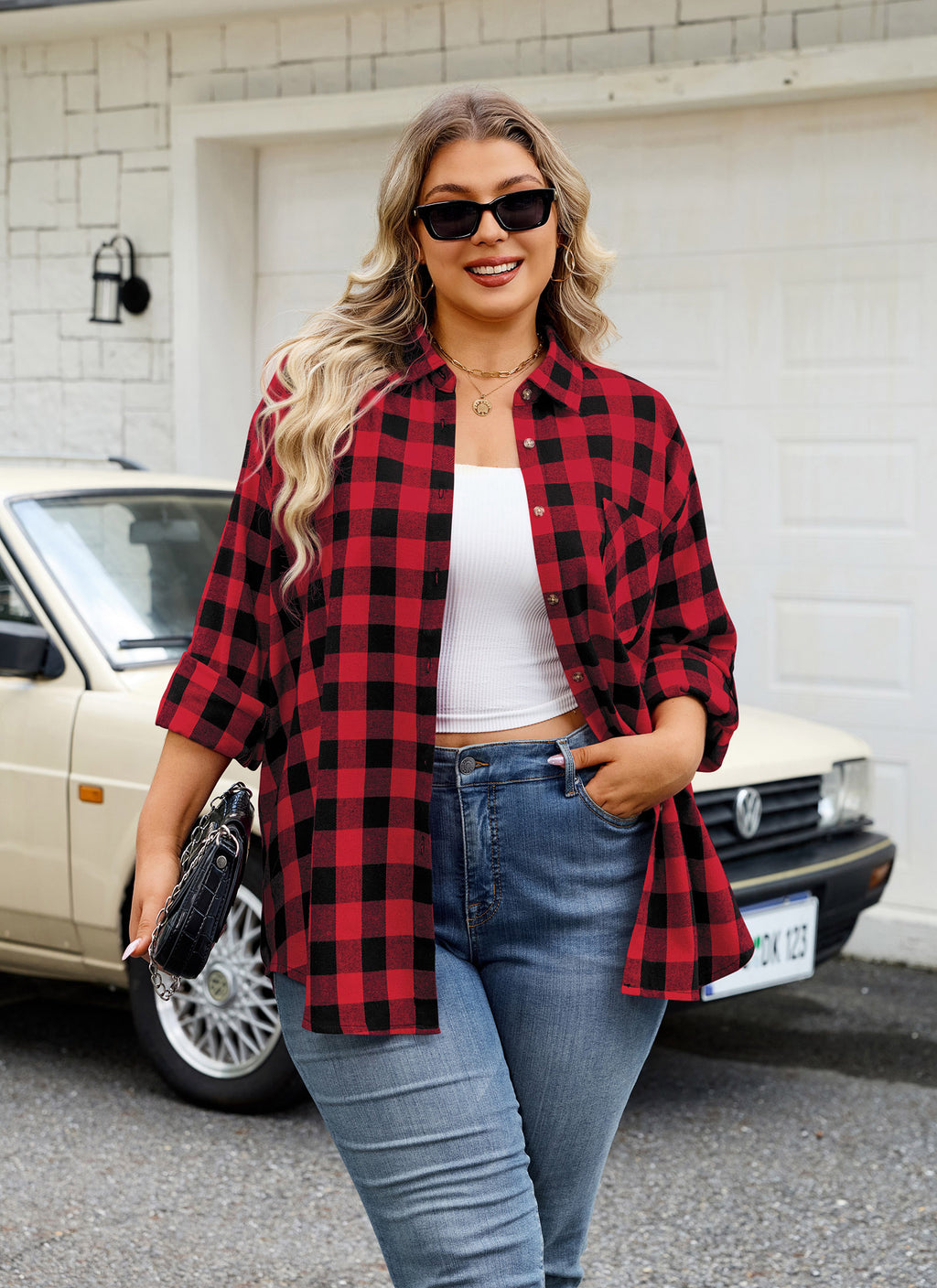 Womens Plus Size Flannel Shirts Long Sleeve Button Down Plaid Shirt Roll Up Oversize Checkered Blouse Top Fall