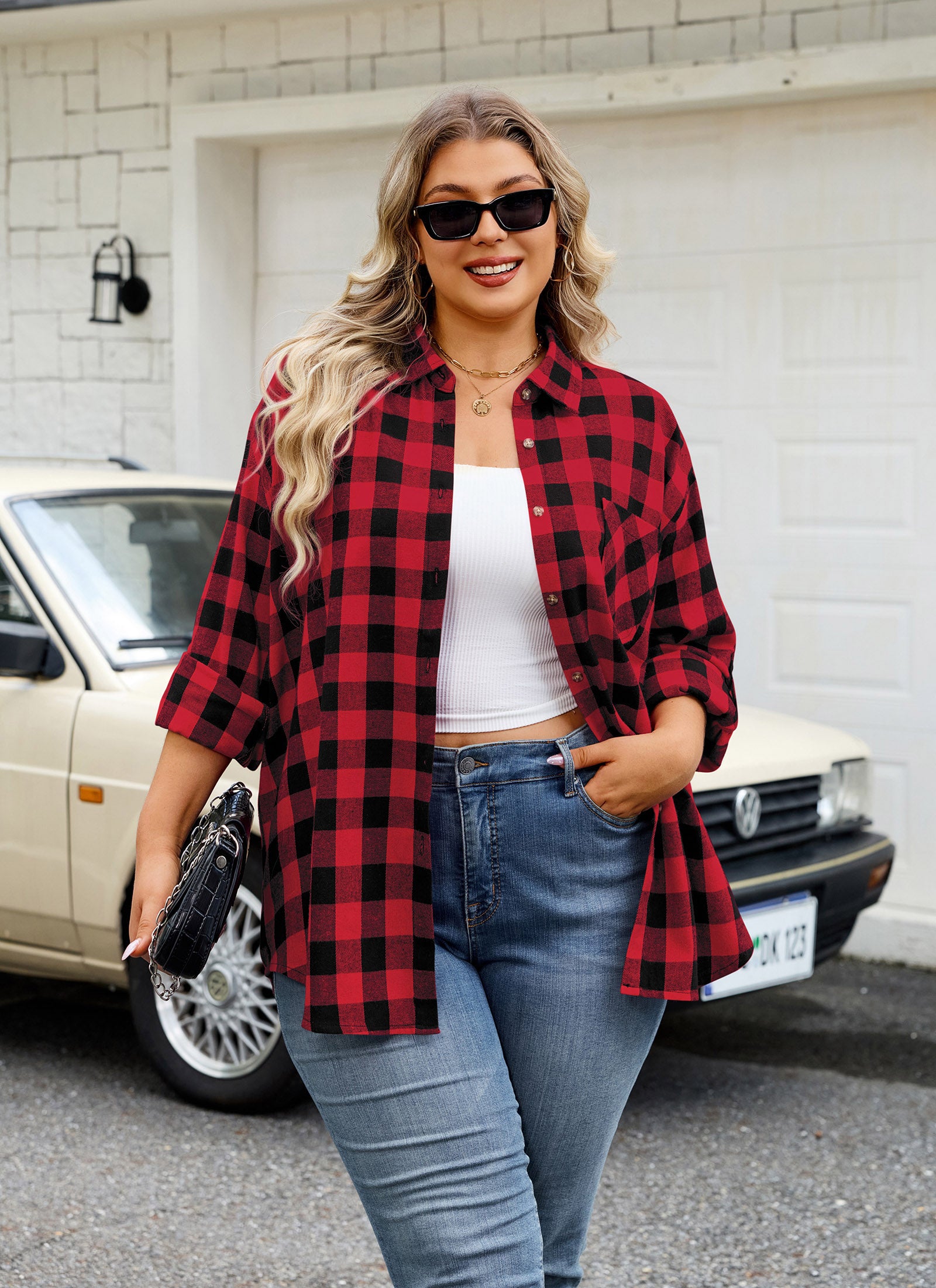 Womens Plus Size Flannel Shirts Long Sleeve Button Down Plaid Shirt Roll Up Oversize Checkered Blouse Top Fall