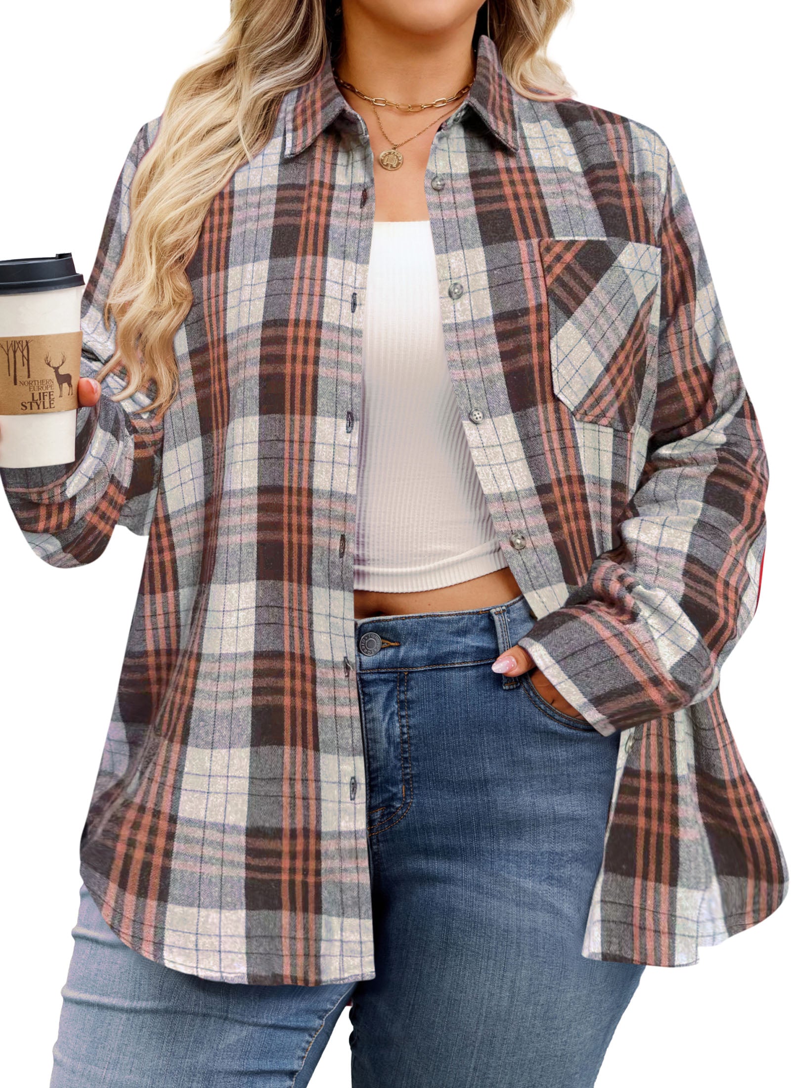 Womens Plus Size Flannel Shirts Long Sleeve Button Down Plaid Shirt Roll Up Oversize Checkered Blouse Top Fall