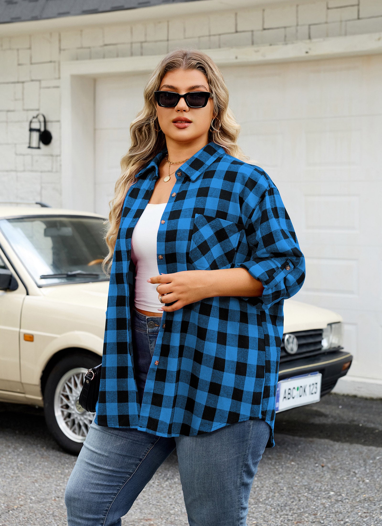 Womens Plus Size Flannel Shirts Long Sleeve Button Down Plaid Shirt Roll Up Oversize Checkered Blouse Top Fall