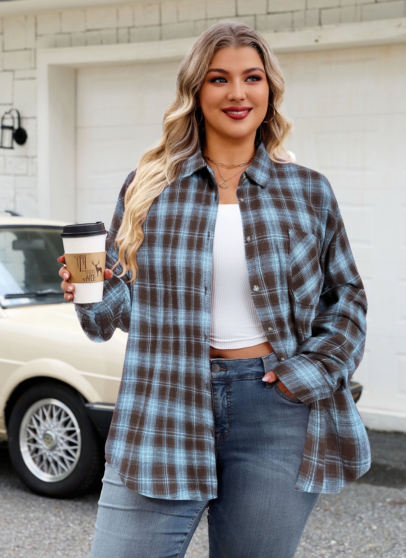 Womens Plus Size Flannel Shirts Long Sleeve Button Down Plaid Shirt Roll Up Oversize Checkered Blouse Top Fall