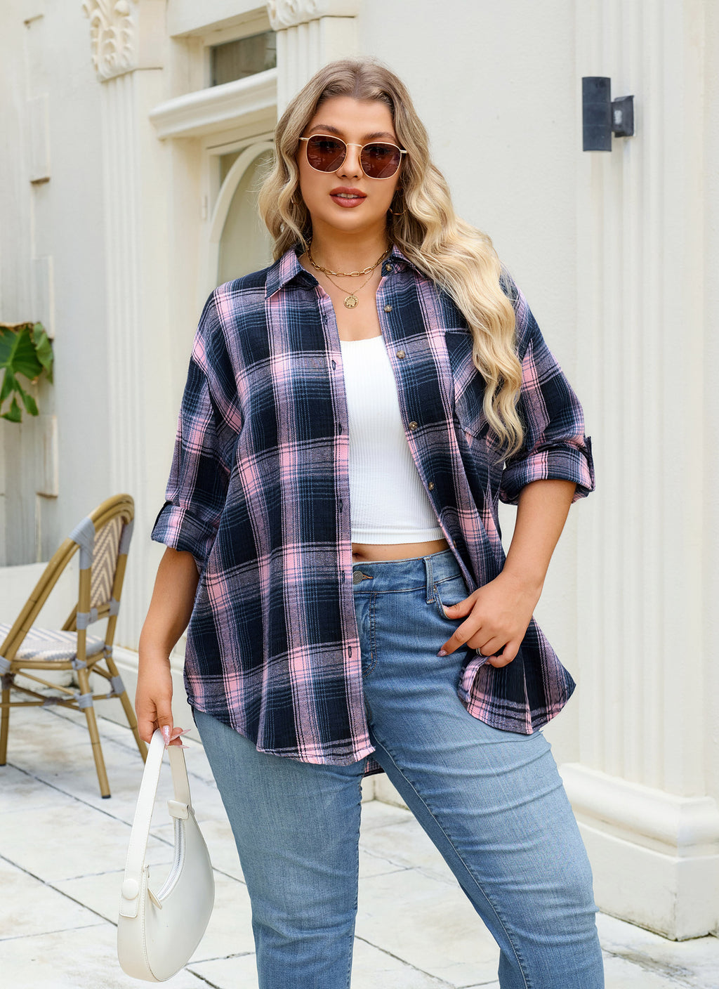Womens Plus Size Flannel Shirts Long Sleeve Button Down Plaid Shirt Roll Up Oversize Checkered Blouse Top Fall