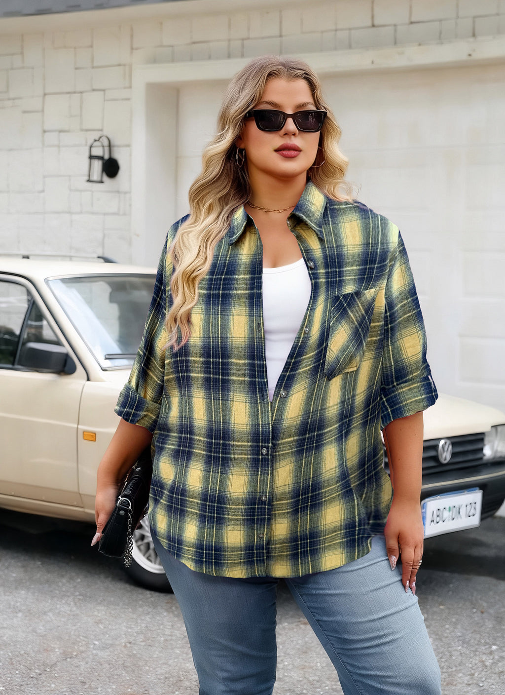 Womens Plus Size Flannel Shirts Long Sleeve Button Down Plaid Shirt Roll Up Oversize Checkered Blouse Top Fall