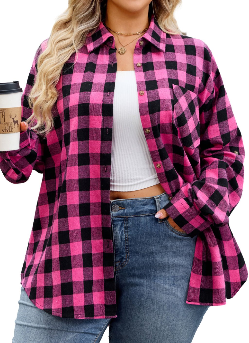 Womens Plus Size Flannel Shirts Long Sleeve Button Down Plaid Shirt Roll Up Oversize Checkered Blouse Top Fall