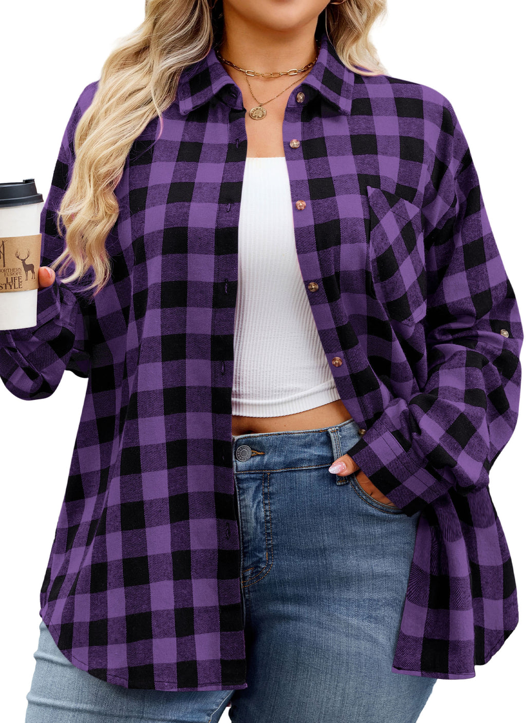 Womens Plus Size Flannel Shirts Long Sleeve Button Down Plaid Shirt Roll Up Oversize Checkered Blouse Top Fall