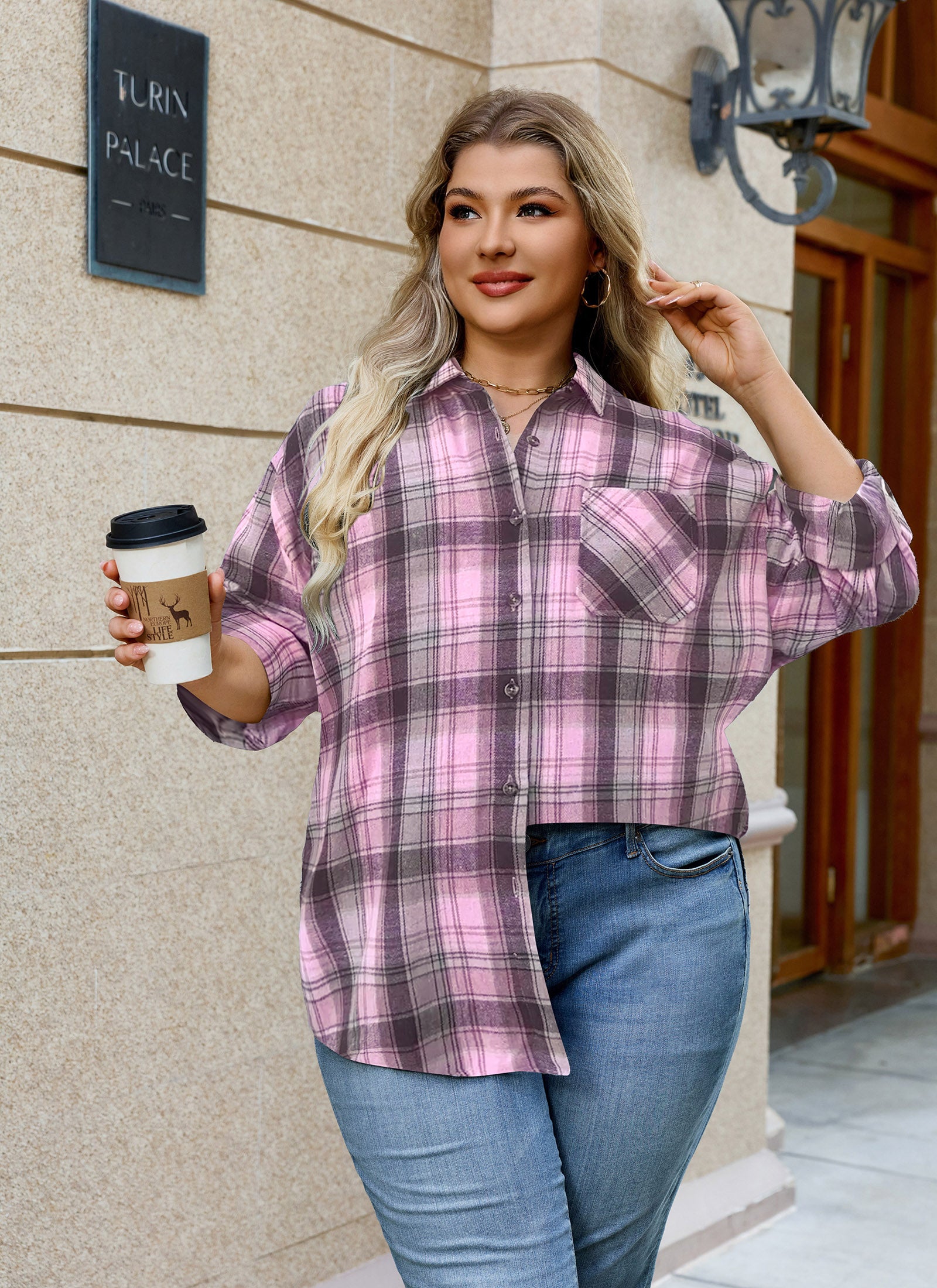 Womens Plus Size Flannel Shirts Long Sleeve Button Down Plaid Shirt Roll Up Oversize Checkered Blouse Top Fall