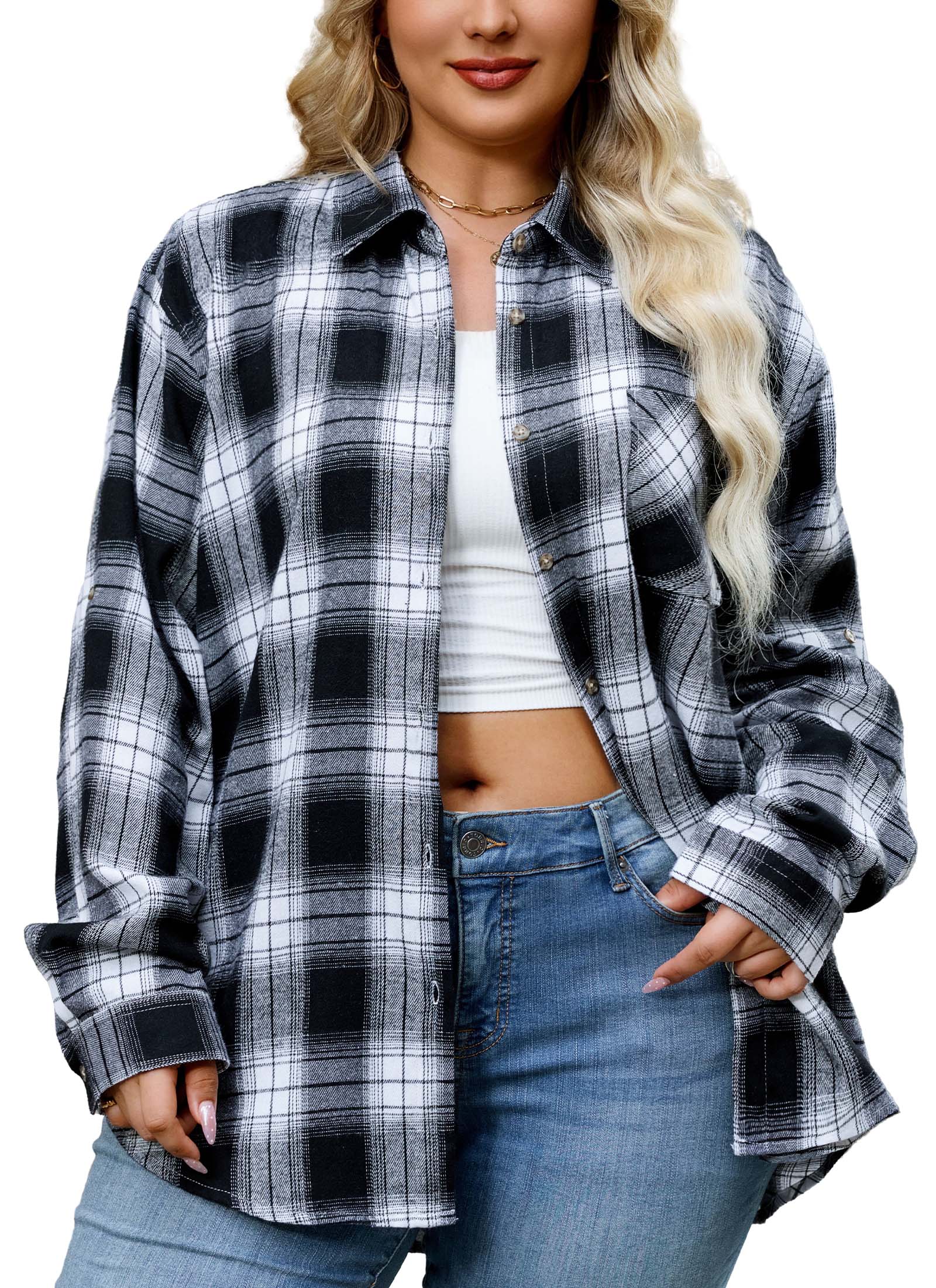 Womens Plus Size Flannel Shirts Long Sleeve Button Down Plaid Shirt Roll Up Oversize Checkered Blouse Top Fall