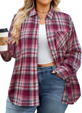 Womens Plus Size Flannel Shirts Long Sleeve Button Down Plaid Shirt Roll Up Oversize Checkered Blouse Top Fall