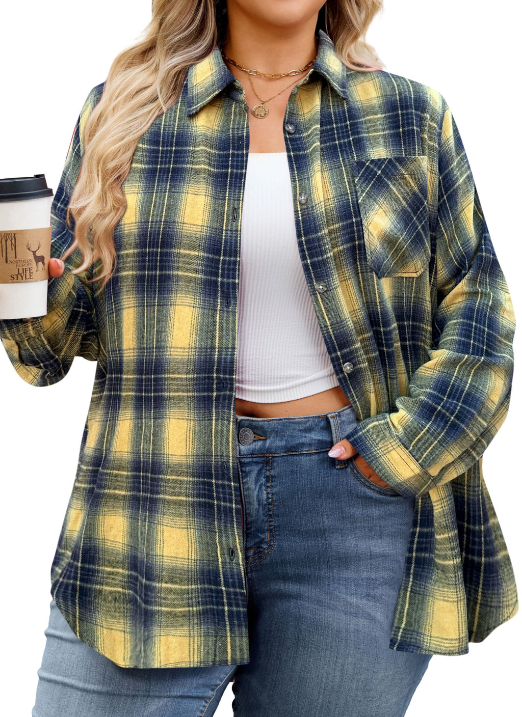 Womens Plus Size Flannel Shirts Long Sleeve Button Down Plaid Shirt Roll Up Oversize Checkered Blouse Top Fall