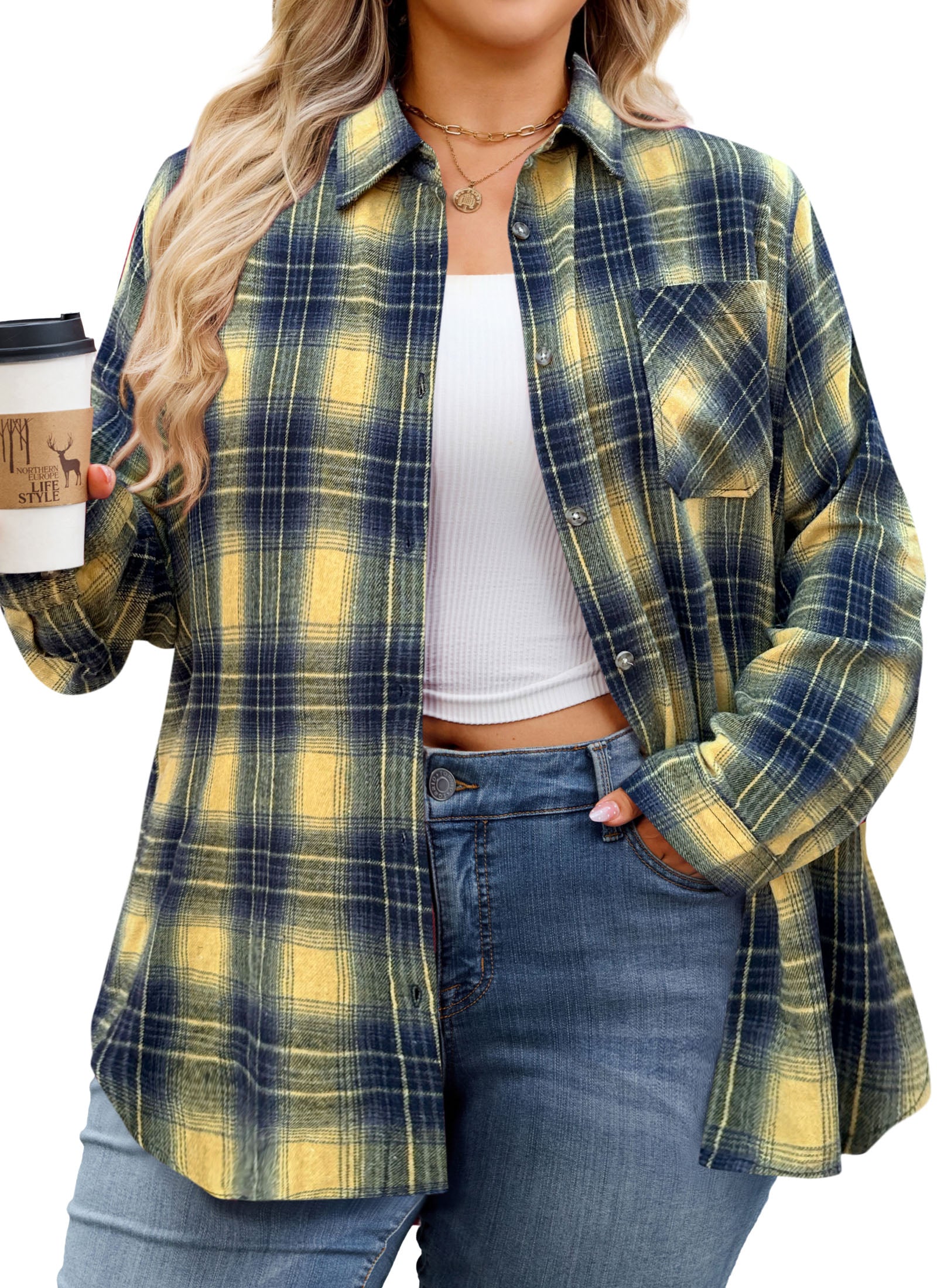 Womens Plus Size Flannel Shirts Long Sleeve Button Down Plaid Shirt Roll Up Oversize Checkered Blouse Top Fall