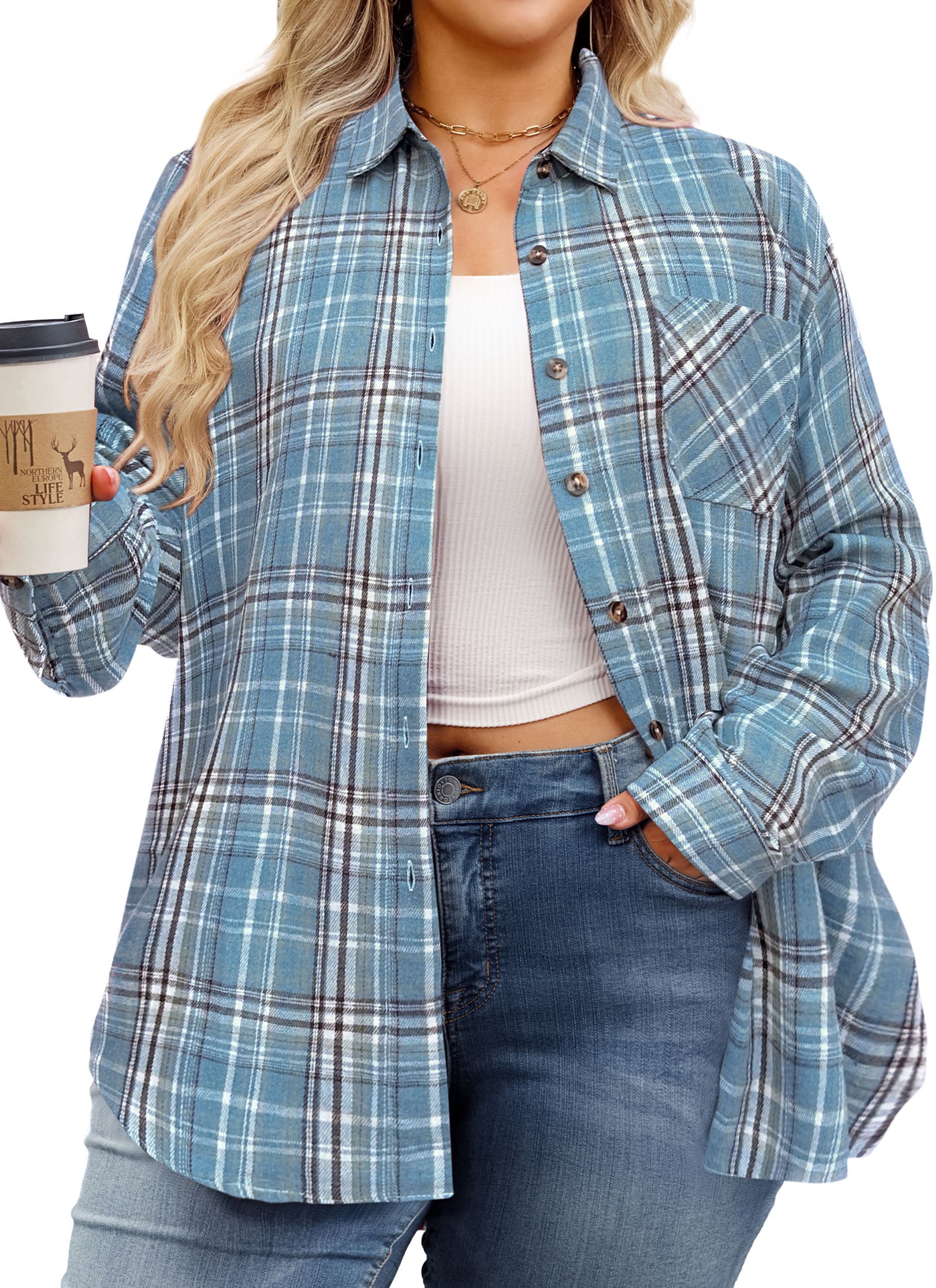Womens Plus Size Flannel Shirts Long Sleeve Button Down Plaid Shirt Roll Up Oversize Checkered Blouse Top Fall