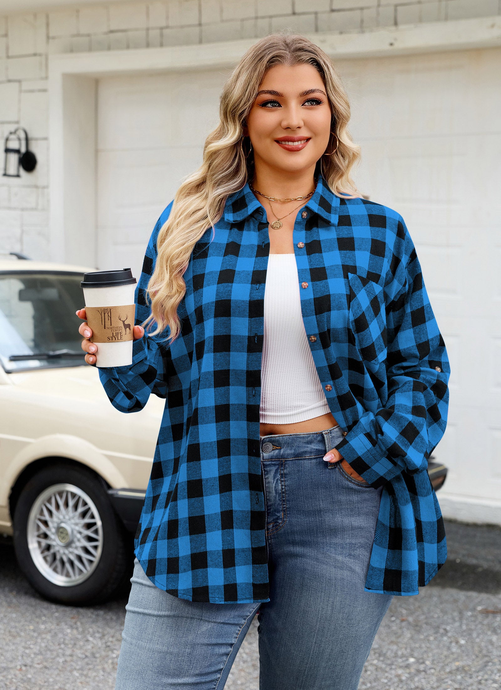 Womens Plus Size Flannel Shirts Long Sleeve Button Down Plaid Shirt Roll Up Oversize Checkered Blouse Top Fall