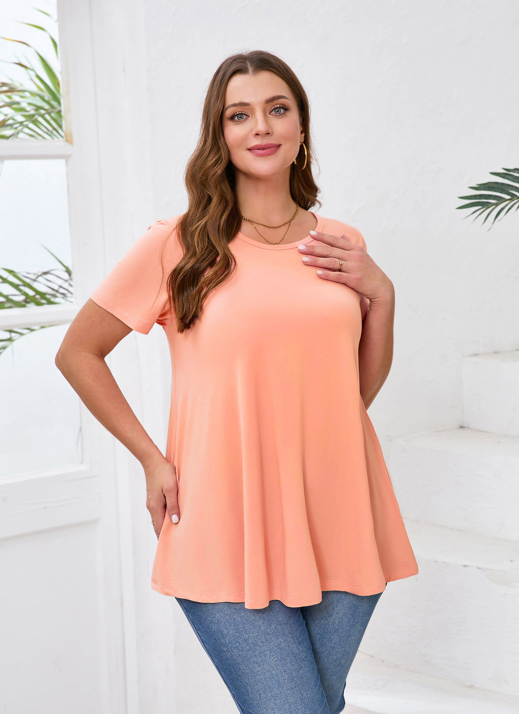 Tunic Tops for Women Plus Size Short Sleeve Crew Neck Swing Flare Loose T-Shirt Blouses to Wear with Leggings