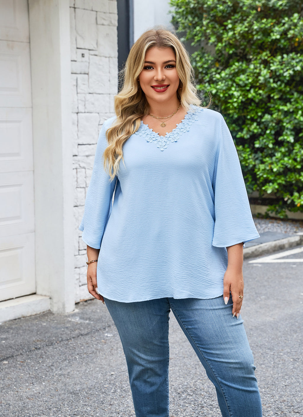 Womens Plus Size Blouses Dressy Casual 3/4 Sleeve Elegant V Neck Floral Trim Ladies Tunics Tops