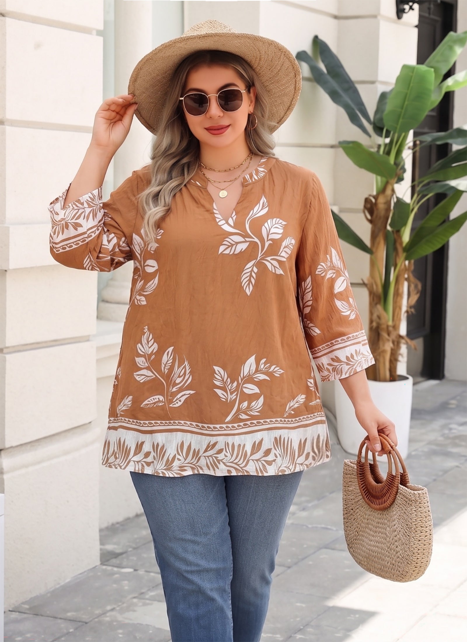 Plus Size Tops 3/4 Sleeve Boho Blouses Dressy Casual V Neck Tunic Loose Fit Floral Peasant Shirts
