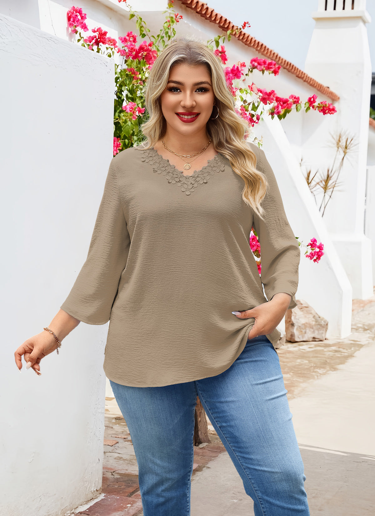 Womens Plus Size Blouses Dressy Casual 3/4 Sleeve Elegant V Neck Floral Trim Ladies Tunics Tops