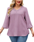 Womens Plus Size Blouses Dressy Casual 3/4 Sleeve Elegant V Neck Floral Trim Ladies Tunics Tops