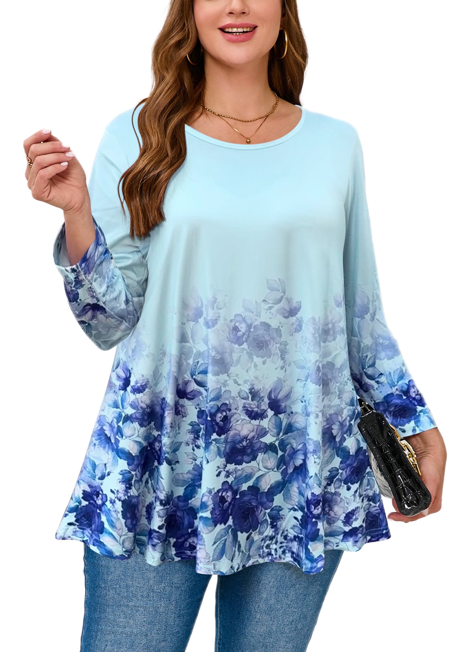 Tunic Tops for Women Plus Size 3/4 Sleeve Crew Neck Swing Flare Loose T-Shirt Blouses to Wear with Leggings