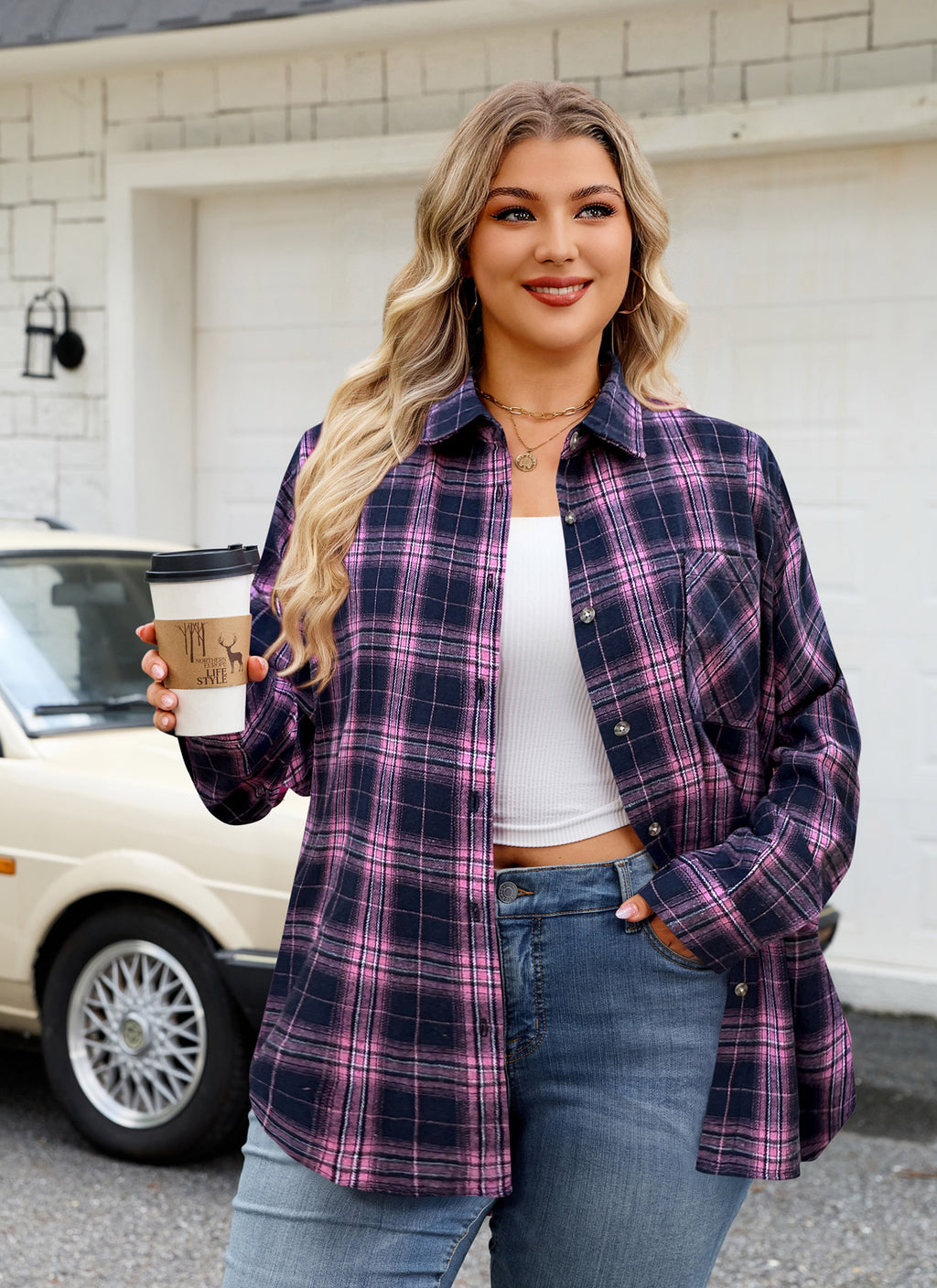 Womens Plus Size Flannel Shirts Long Sleeve Button Down Plaid Shirt Roll Up Oversize Checkered Blouse Top Fall